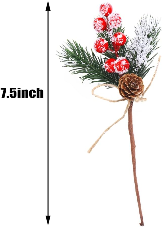 10 Pcs Christmas Berries Pine Cones for DIY Crafts-Christmas Tree Picks Spray Evergreen Artificial Pine Branches Holly Stem,Xmas Garland D&#xE9;cor,Gift Wrap Embellishment (Red)