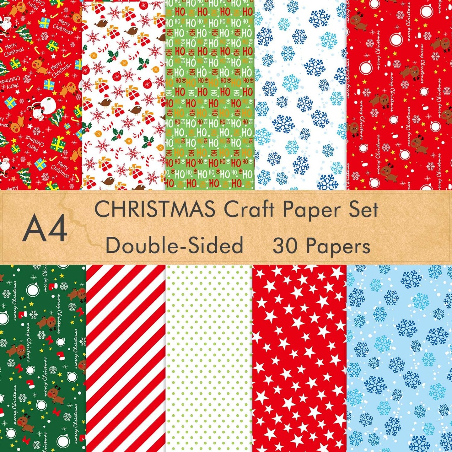 30 Sheets Christmas Pattern Paper Set, A4 Decorative Paper for Card Making Scrapbook Decoration, 10 Designs