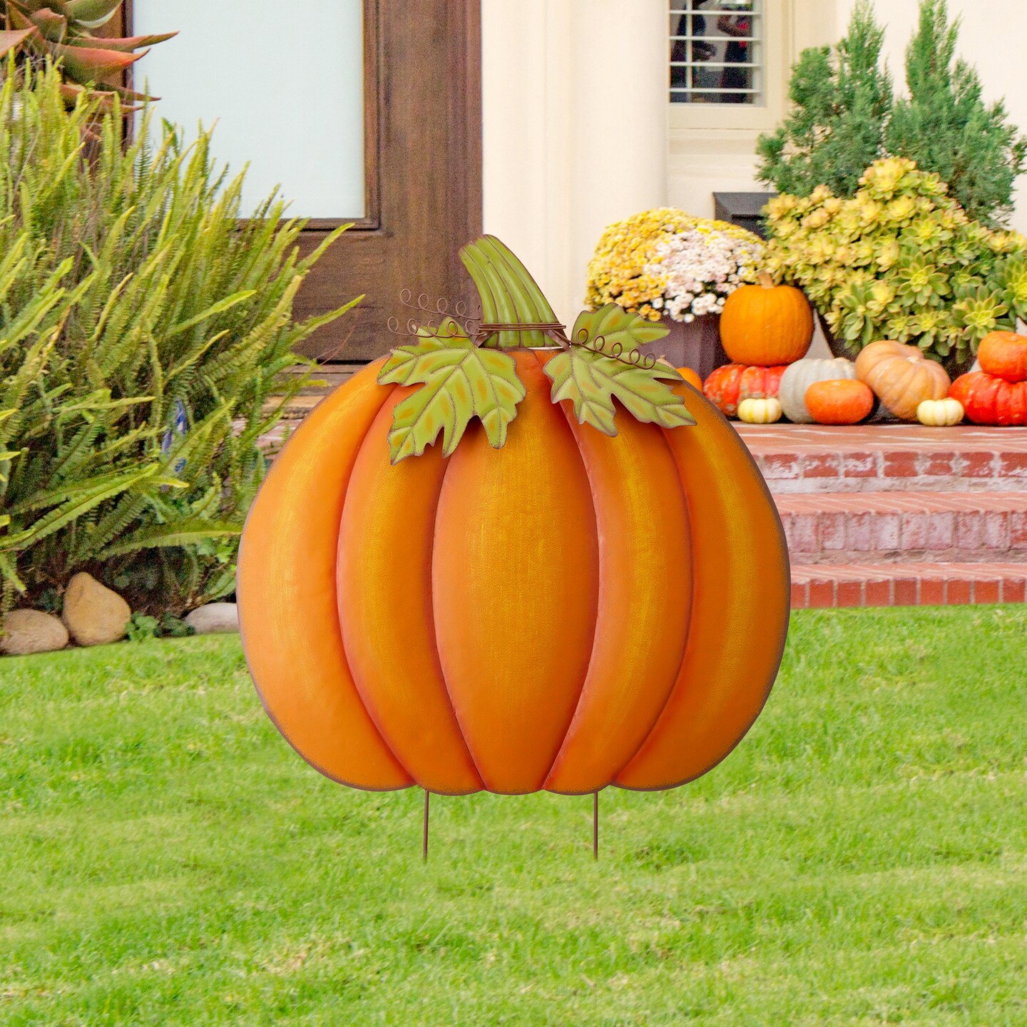 Set of 2 37.5"H Fall Oversized Metal Pumpkin Yard Stake or Wall Décor or Standing Decor