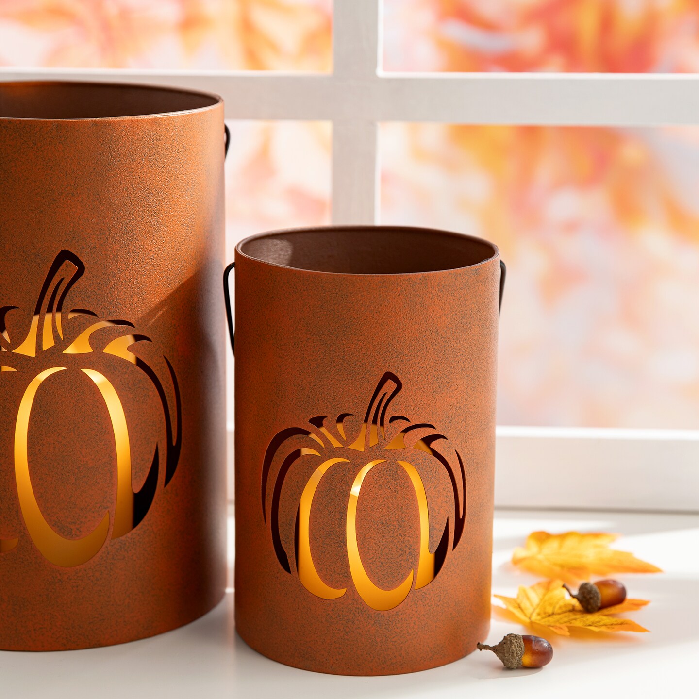 Set of 2 Metal Cutout Pumpkin Bucket