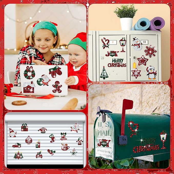 30 Pcs Christmas Diamond Painting Magnets for Refrigerator Buffalo Plaid Diamond Art Painting Kits Magnets Red Green White Fridge Diamond Stickers for Xmas DIY Home Decors