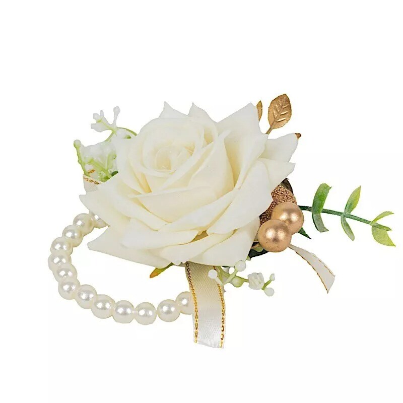 White 2 Silk Rose 4&#x22; Wrist Corsages with Pearls Artificial Flowers Wedding