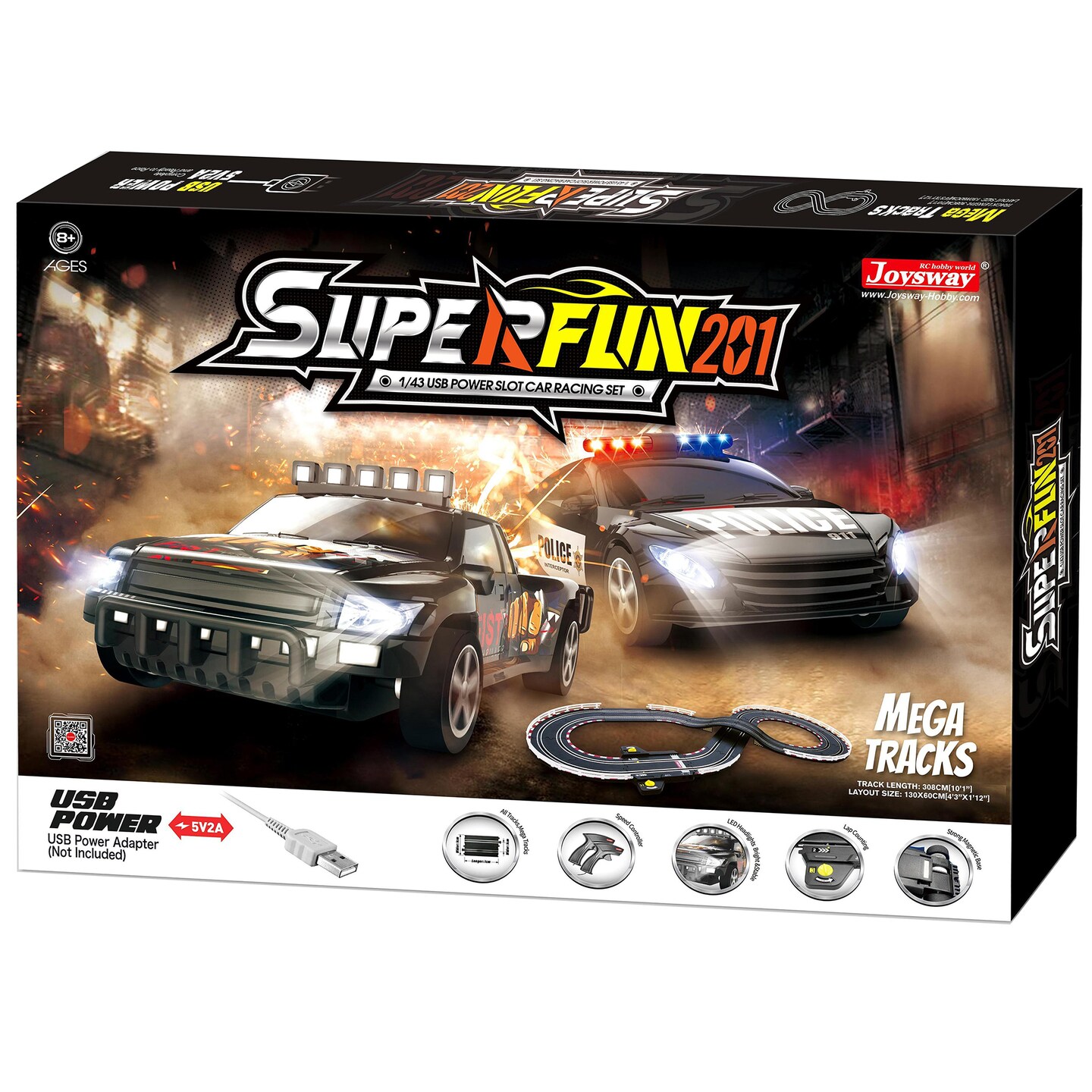 Joysway: SuperFun 201 - 1/43 USB Power Slot Car Racing Set, Layout Size: 51&#x22;x23&#x22;, LED Headlights, Lap Counter, Ages 8+