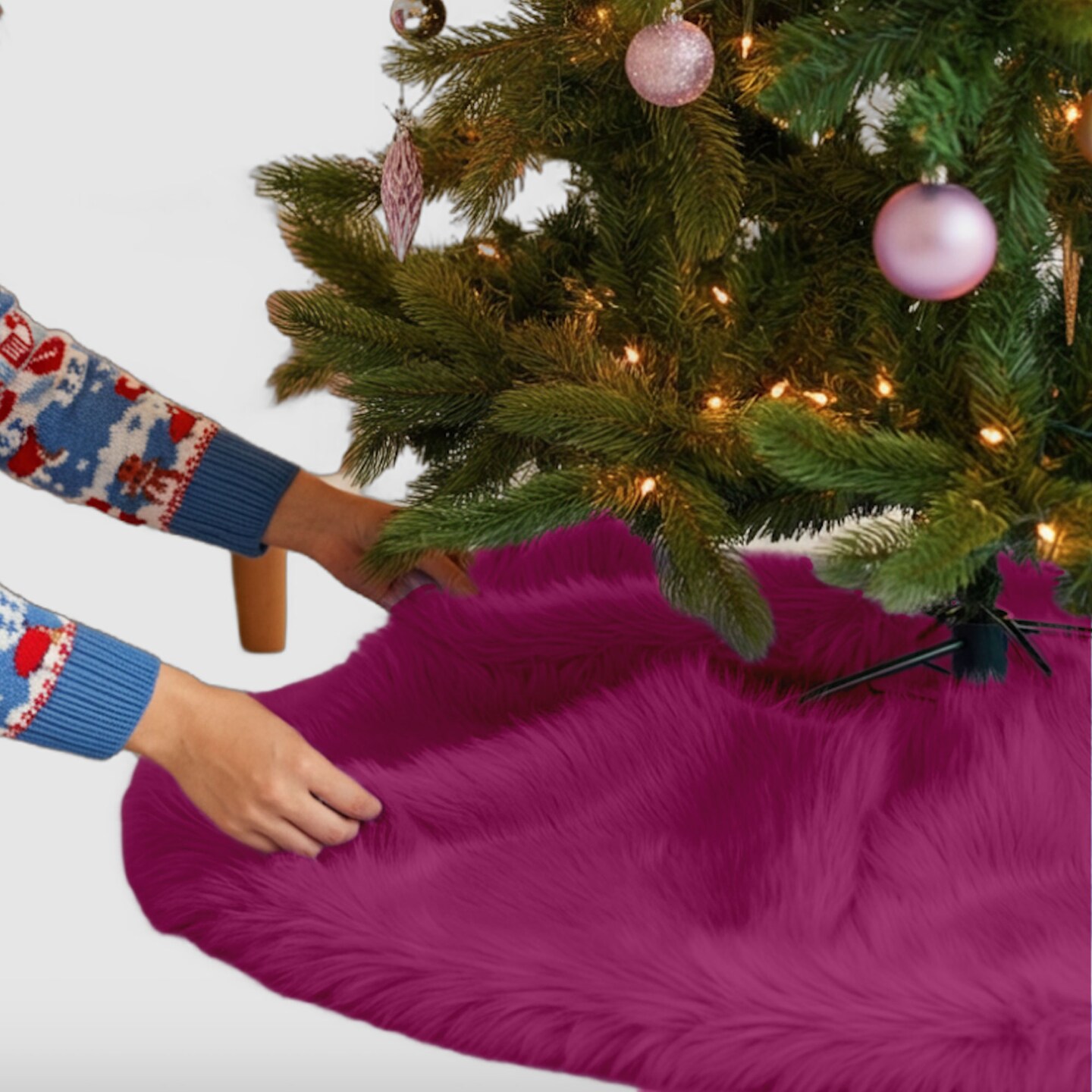 FabricLA Fuchsia Faux Fur Tree Skirt Cut - 60-Inches with Rounded Edges (No Backing) for Christmas