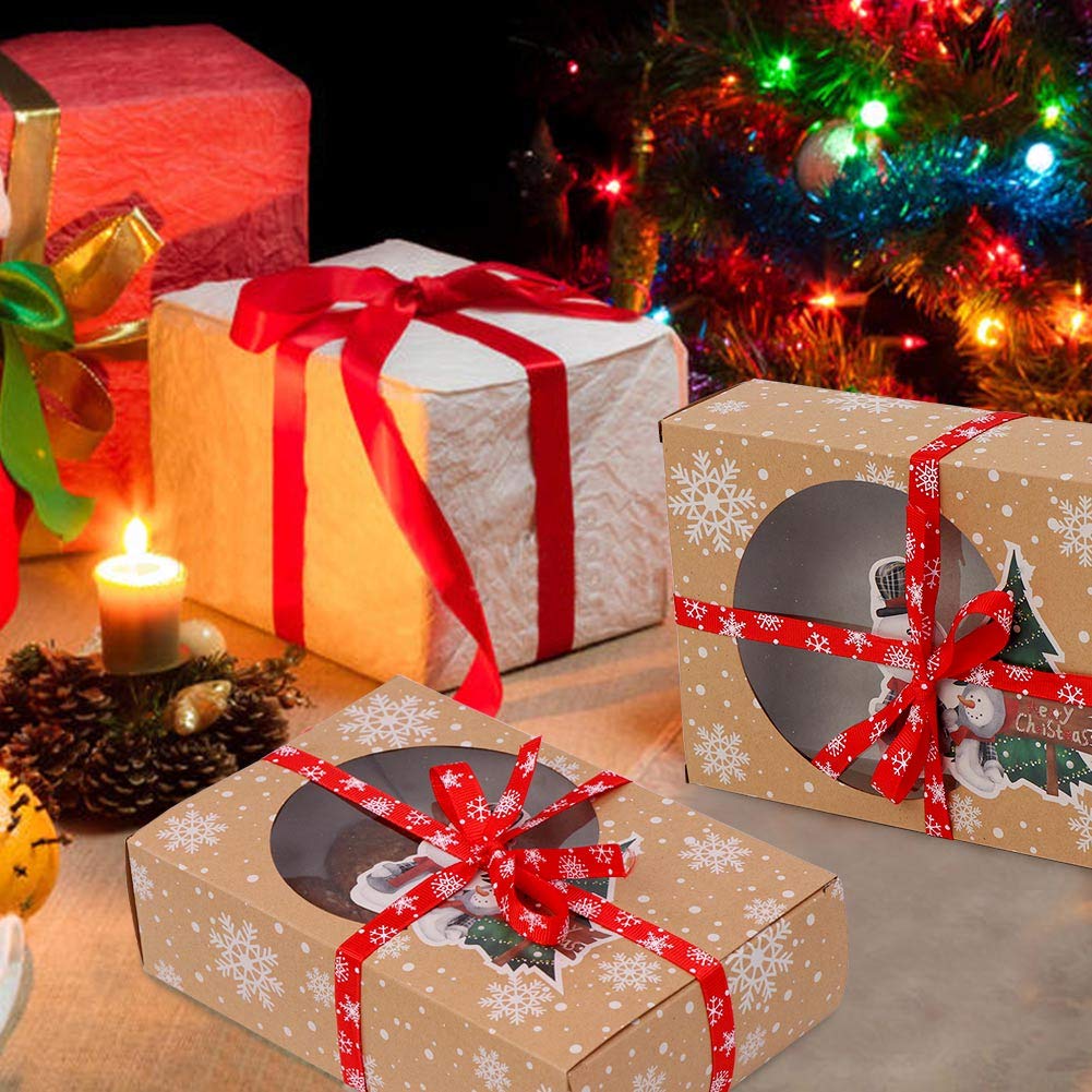 OurWarm 12 Packs Christmas Cookie Boxes with Window, Food Grade Kraft Bakery Boxes with Oilpaper and Ribbons, Cupcake Boxes for Holiday Gift Giving, Christmas Party Favors, Fits 12 Cookies or Cakes