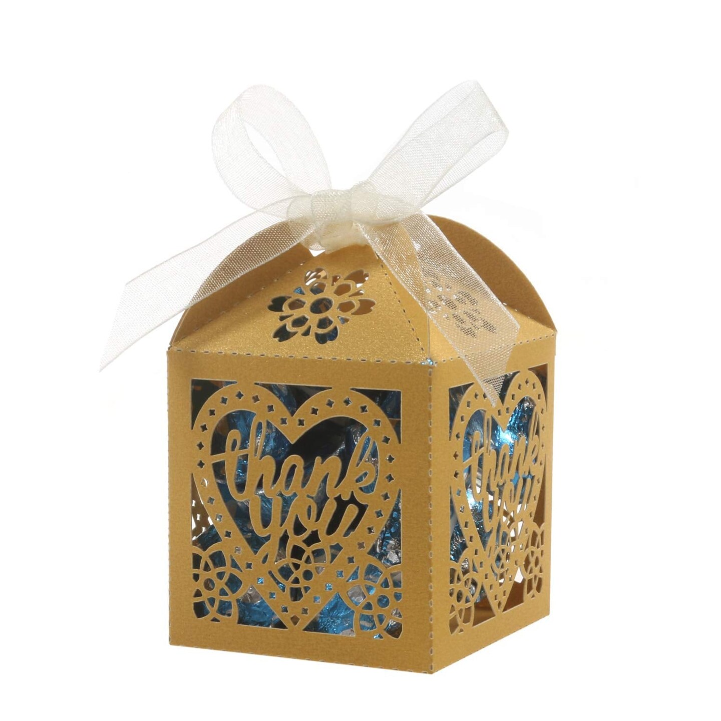 COTOPHER Laser Cut Boxes, 100pcs Thank You Gift Boxes Wedding Party Favor Boxes Lace Candy Boxes for Wedding Bridal Shower Baby Shower Birthday Party Decorations with Ribbons (2x2x2.75inch, Gold, 100)