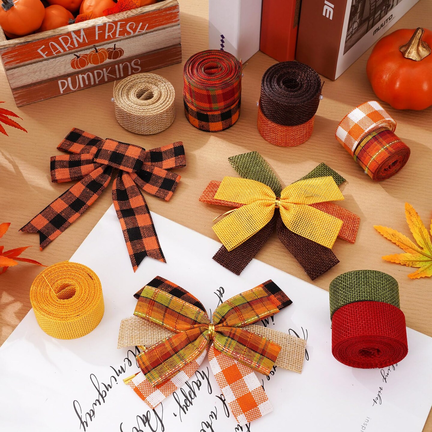 Whaline 10 Rolls 50 Yards Plaid Burlap Ribbon Rolls 1 Inch Fall Wrapping Ribbon Thanksgiving Ribbon Autumn Decorative Ribbon for Autumn Harvest Thanksgiving Wreath Decoration