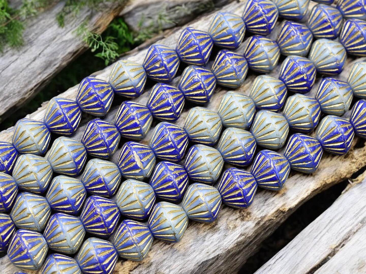 *12* 8x9mm Gold Washed Blended Turquoise &#x26; Blue Carved Bicone Beads
