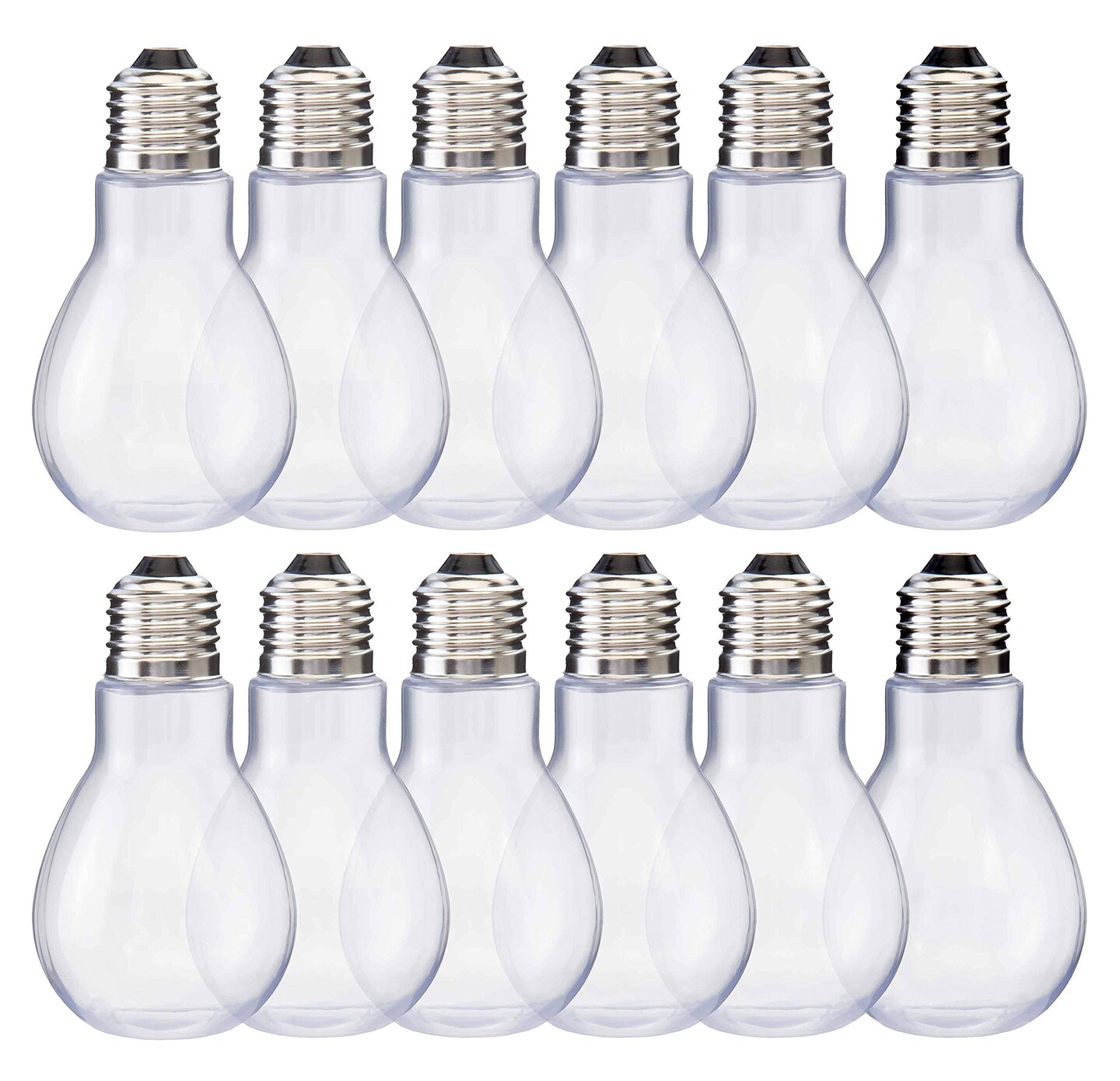 Home Collectives Fillable Light Bulb Containers, 12 Pack – Clear Plastic Candy Jars, Party Favors, Decorative Centerpieces, Arts and Crafts Supplies - Twist Off Cap, Freestanding Bottom, 4” Tall