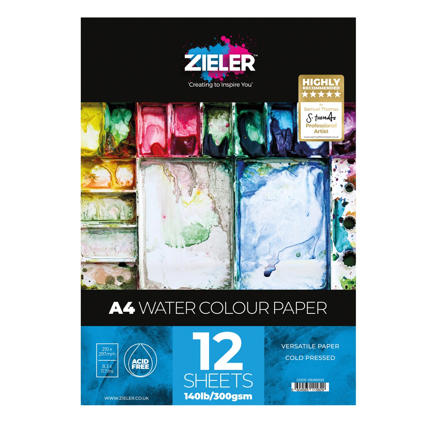 Zieler A4 Watercolour Paper Gummed Pad &#x2013; 300gsm, 12 sheets