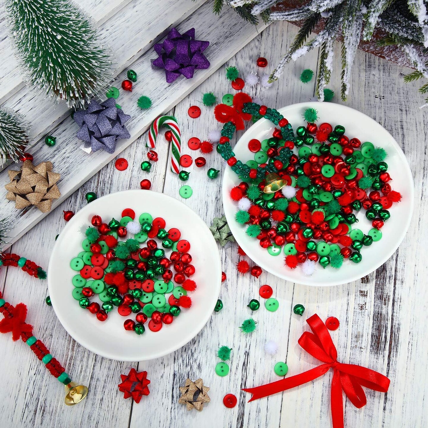 1200 Pieces Christmas Craft Embellishments Set, Christmas Resin Buttons, Christmas Small Bells and Christmas Pom Pom Ornaments for Xmas DIY Craft Sewing Decoration Accessories