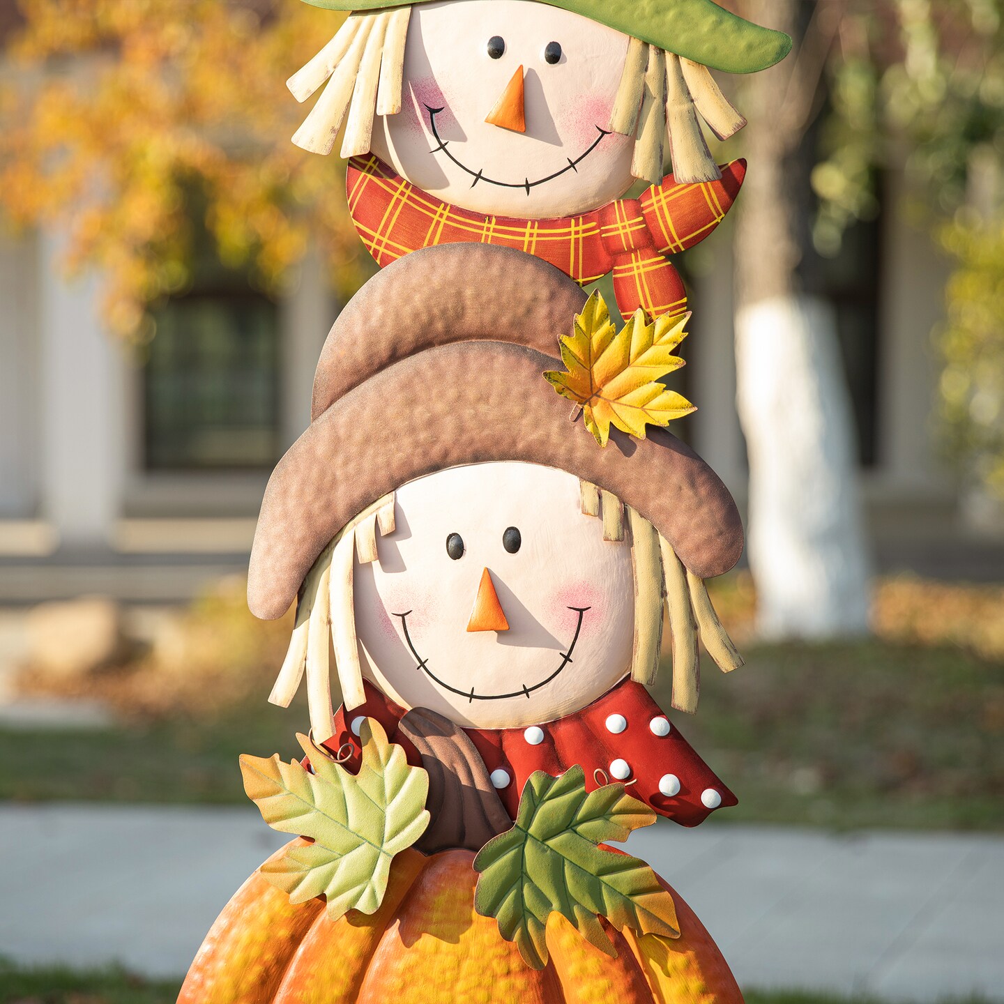 46&#x22;H Fall Metal Stacked Scarecrow and Pumpkin Yard Stake