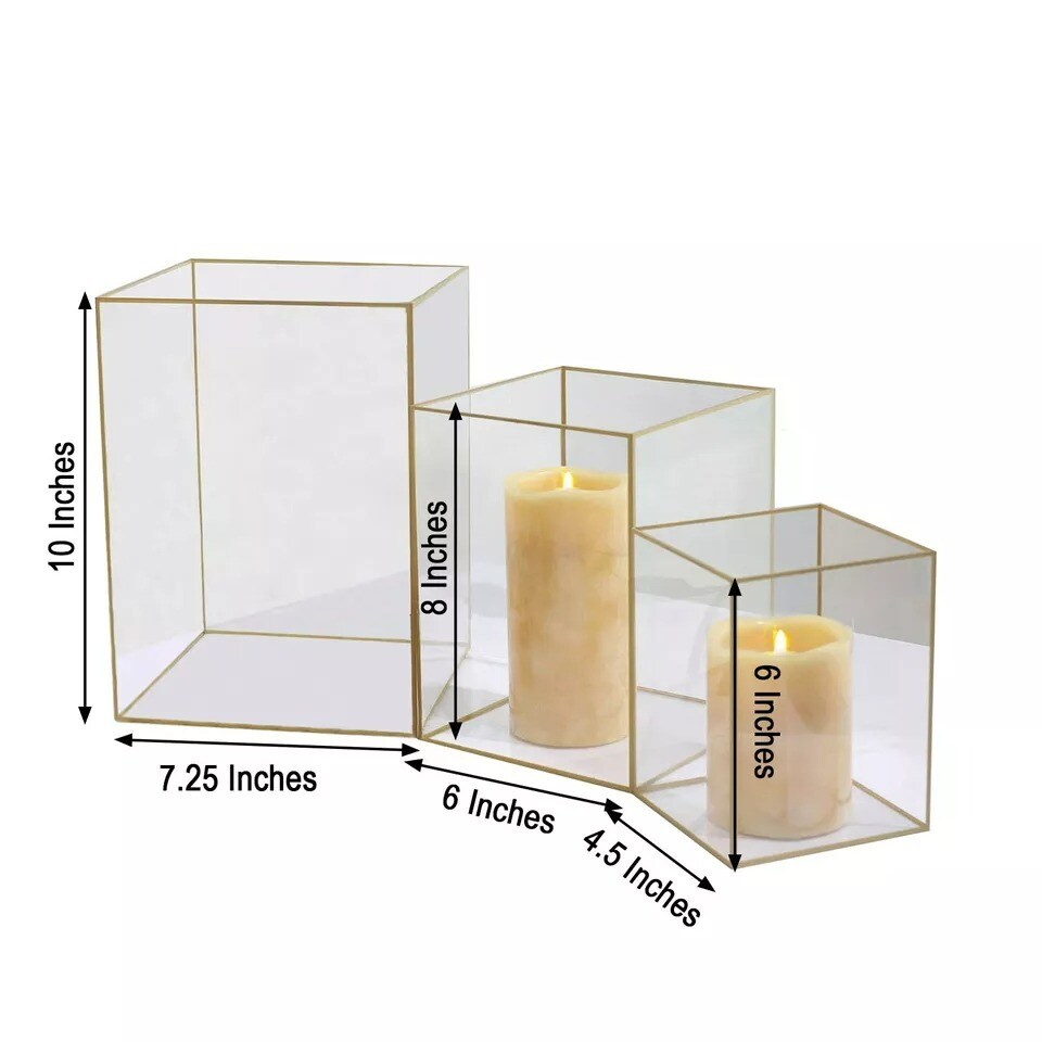 3 Clear Gold Acrylic with Metal Frame Pillar Candle Holders Party Decorations