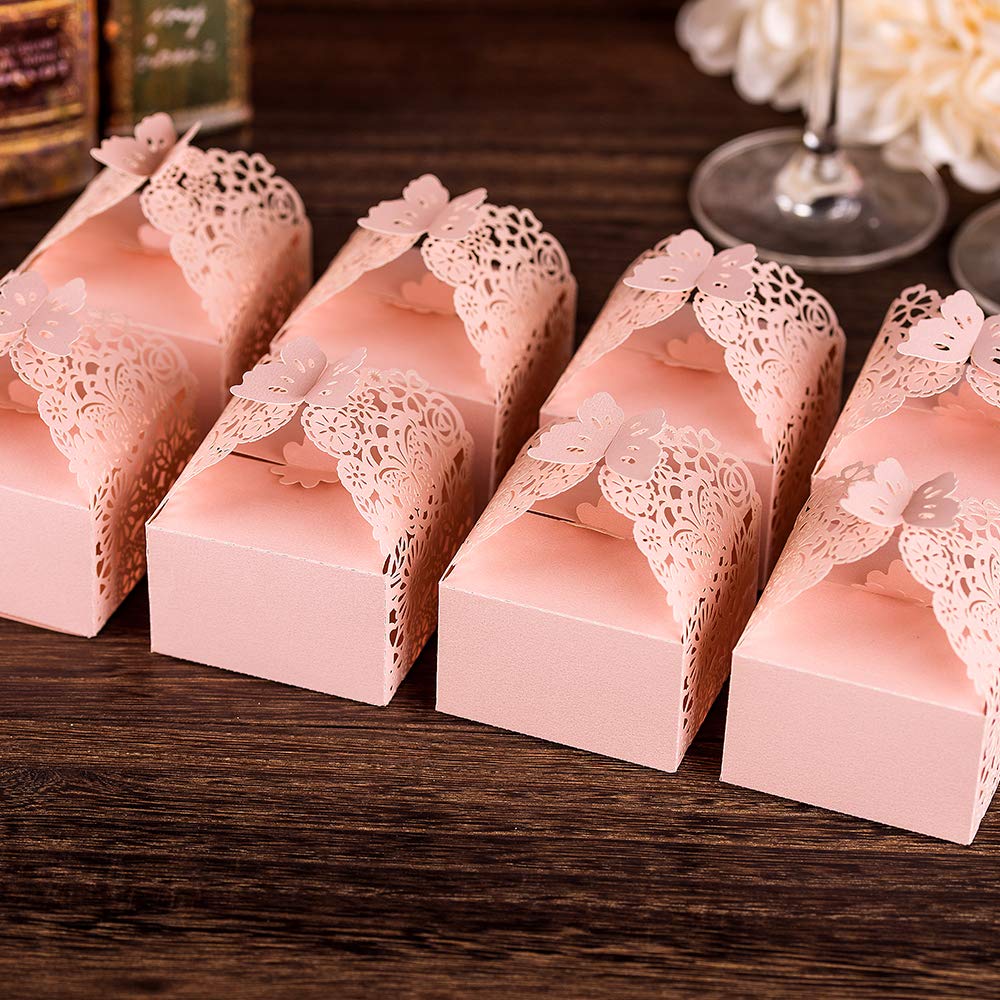 KAZIPA 50pcs Laser Cut Butterfly Favor Boxes, 2.6" x 2.6" x 1.6" Floral Favor Boxes, Party Favor Boxes for Bridal Shower Anniversary Wedding Party Favor, Pink