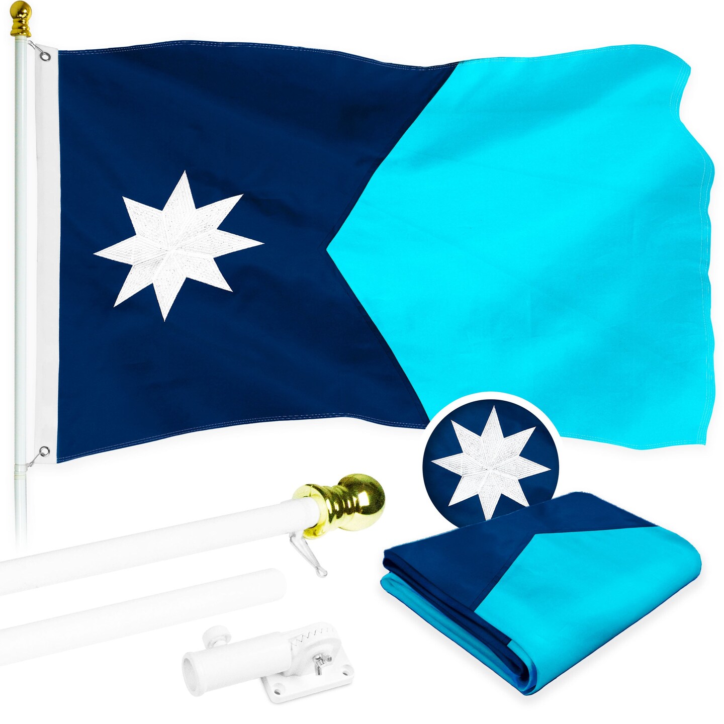 G128 Combo Pack: 6 Ft Aluminum Spinning Flagpole (White) &#x26; Minnesota New Version MN State Flag 3x5 Ft, ToughWeave Series Embroidered 210D Polyester | Pole with Flag Included