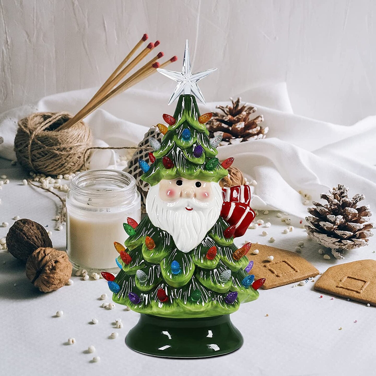 11&#x22; Ceramic Christmas Tree Tabletop Christmas Tree Lights with 50 Multicolored Lights and 1 Star Toppers for Table Top Desk Classic Series Christmas Decoration