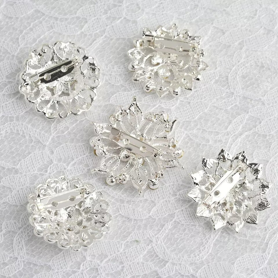 5 pcs Silver Metal Assorted Brooches Floral Pins Rhinestones Party Decorations