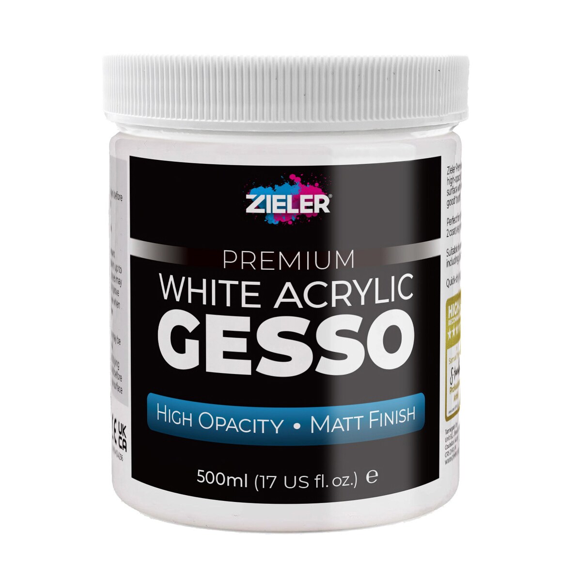 Zieler&#xAE; Premium White Acrylic High Opacity Gesso, Matt Finish (500ml)