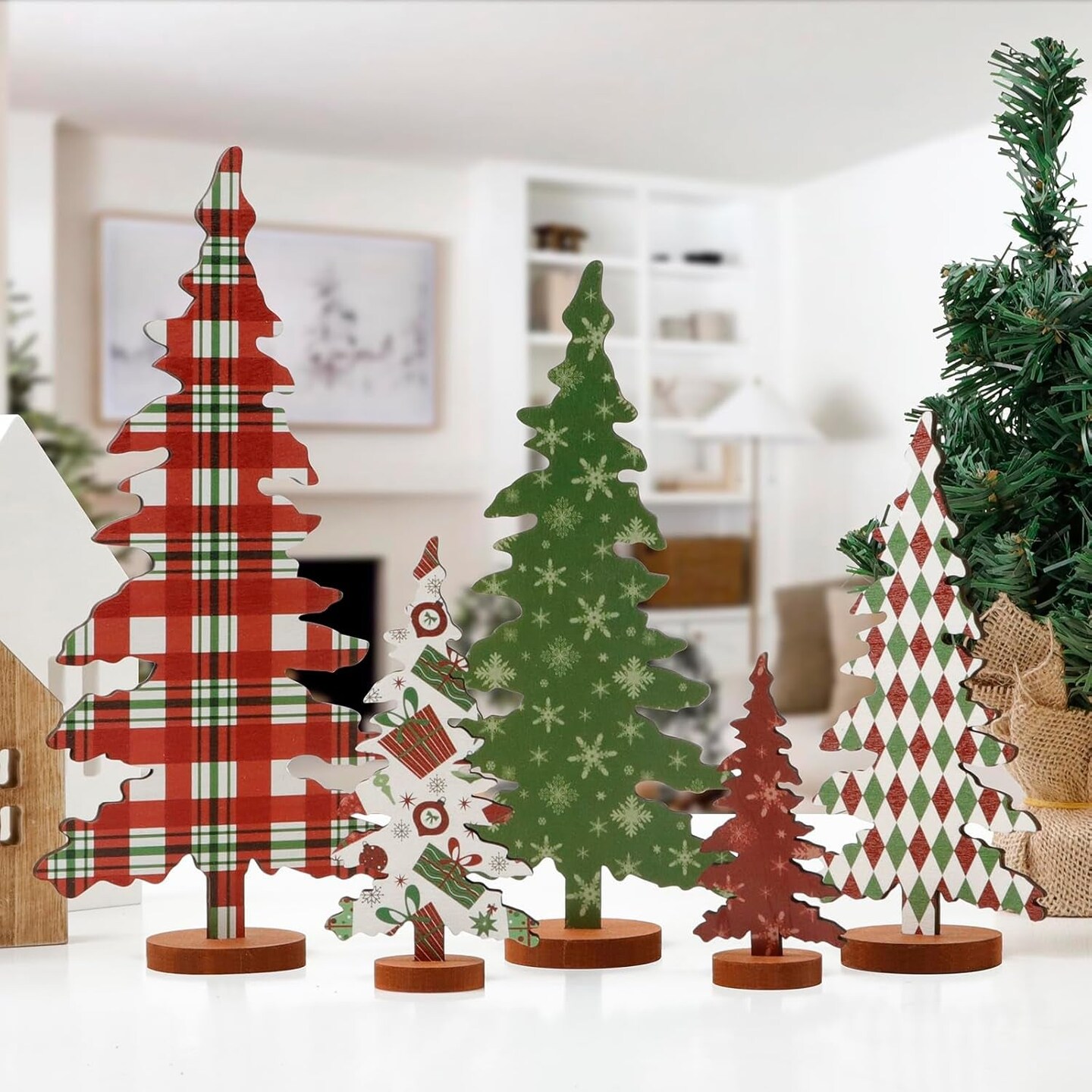 Christmas Decorations Indoor-5 Sizes Wooden Christmas Tree Sign-Christmas Decorations for Home Shelf Mantel Fireplace Table Windowsill Party Decor