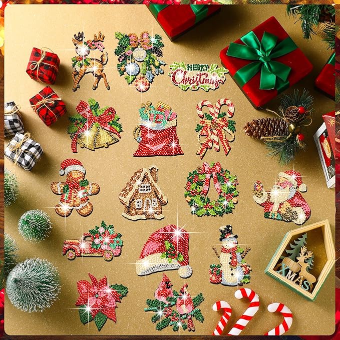 30 Pcs Christmas Diamond Painting Magnets for Refrigerator Santa Claus Diamond Art Painting Magnets Kits Fridge Diamond Art Stickers for Xmas DIY Home Decor