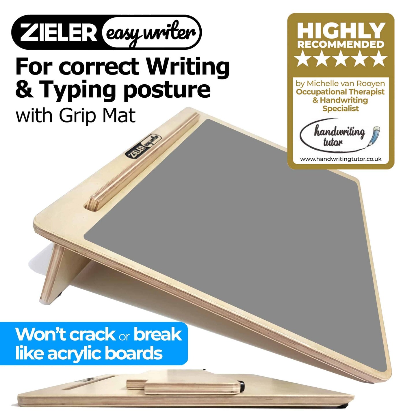 Zieler® Large (A3) Wooden Ergonomic Writing Slope with Grip Mat