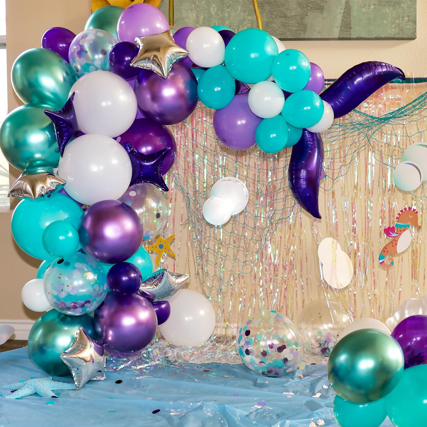 RUBFAC 65pcs 12 Inches Teal Blue Purple Balloons, Little Mermaid Birthday Decorations, Metallic Green Purple Latex Balloons for Girls Party Baby Shower