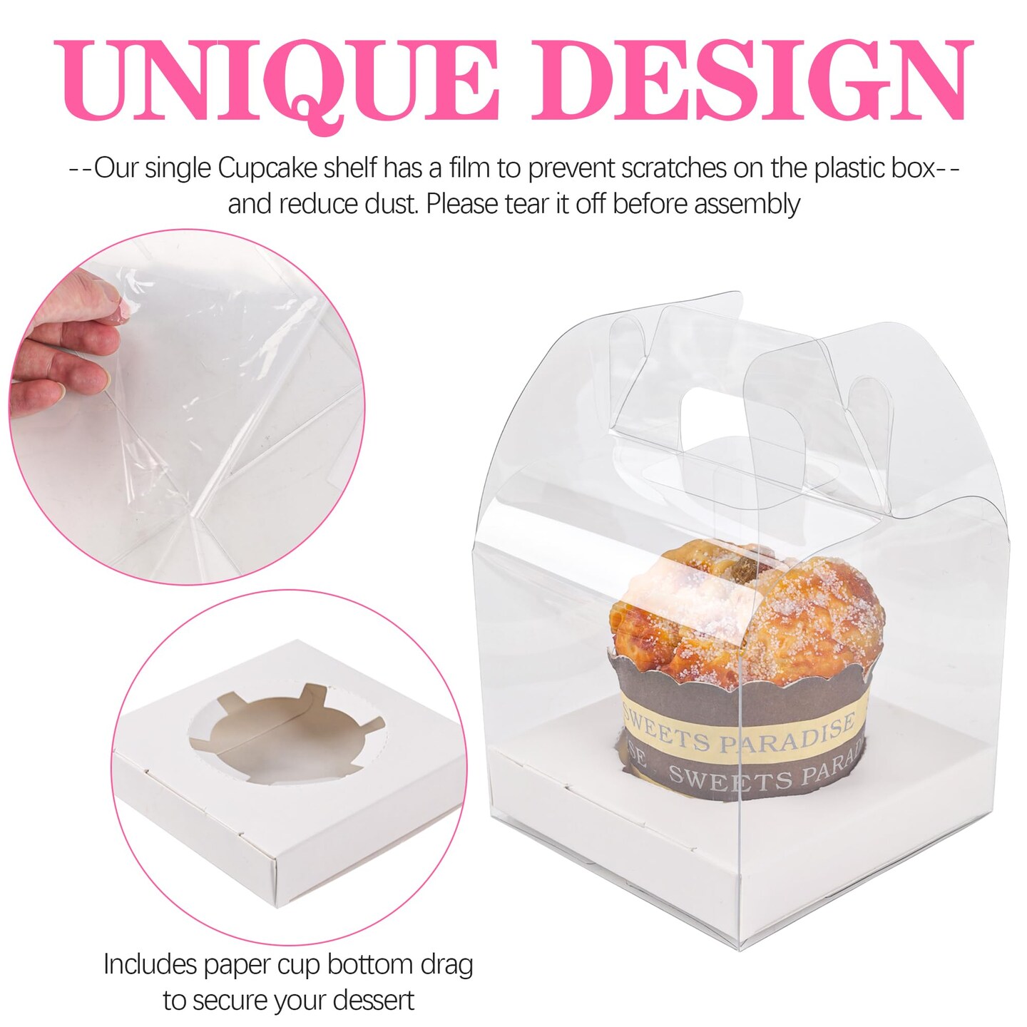 LOKQING 30 PCS Individual Cupcake Containers Single Cupcake Boxes with Handle and Inserts Clear Plastic Favor Boxes