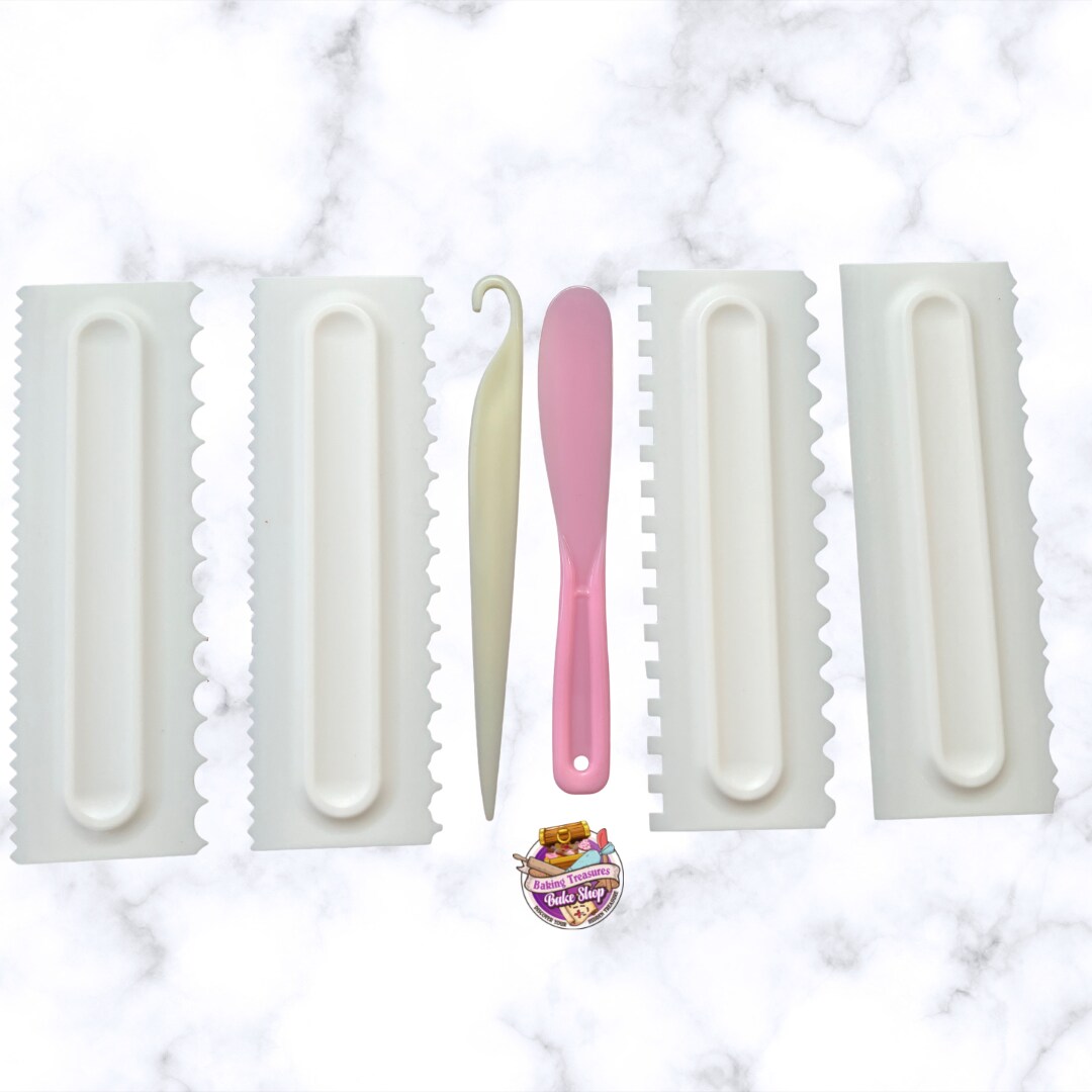 Comb and Icing Smoother Set of 4 Pack PLUS 2 MORE CAKE TOOLS Decorating Mousse Butter Cream Cake Edge Tools, Plastic Sawtooth Cake Scraper Polisher 8 Design Textures-White