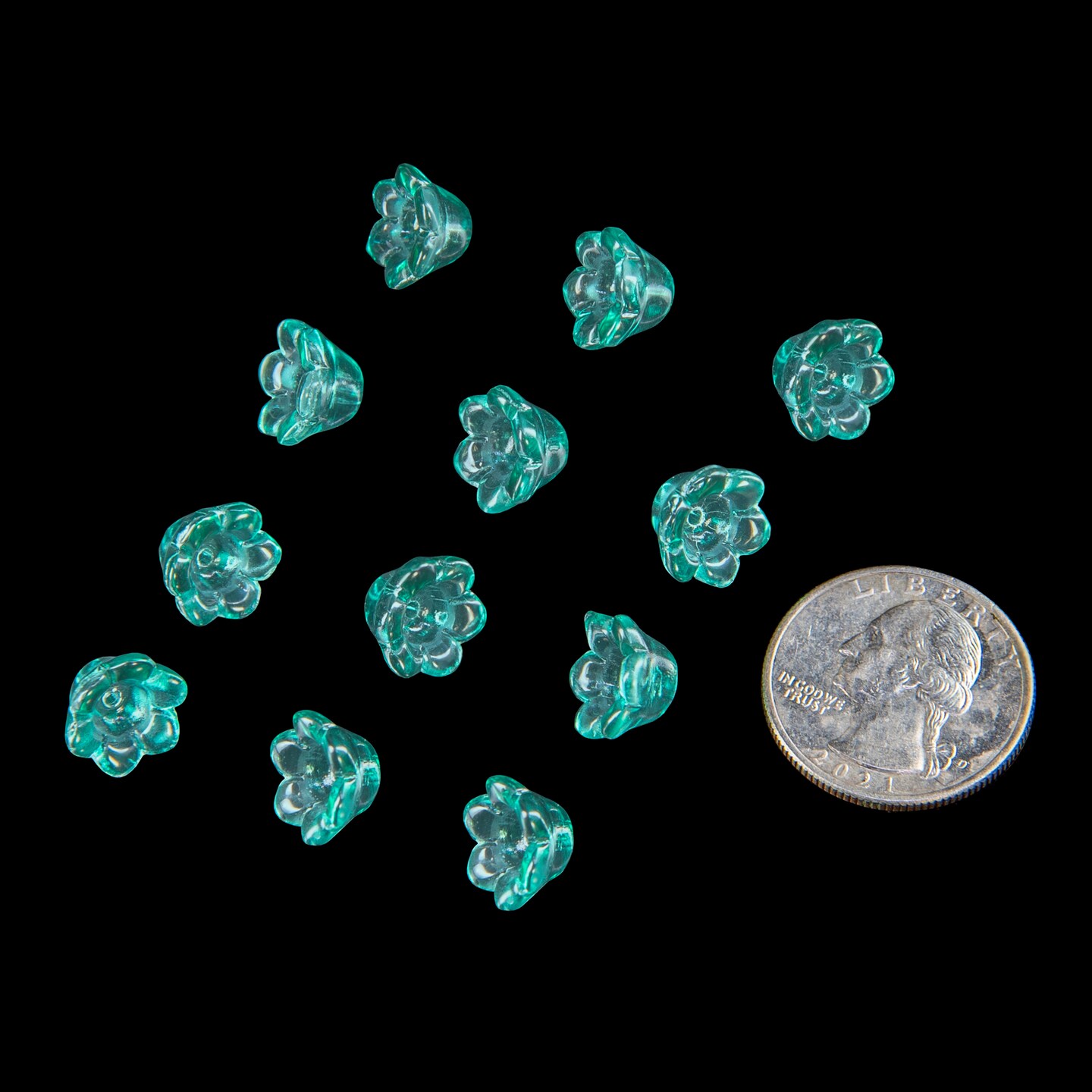 12x8mm Larger Teal Full Flowers Beads Center Hole in Bright Teal, 12 beads - GB-FB28