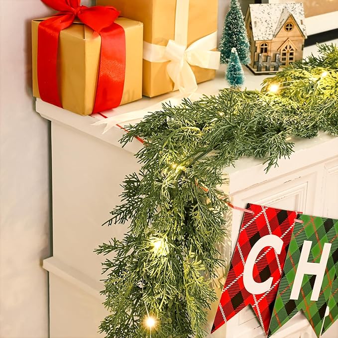 2 Pack 5.7 Ft Christmas Cedar Garland - Christmas Garland with 40 Led Lights Strings, Garlands for Decoration Christmas, Pine Garland for Winter Table Mantle Wall Room Outdoor Indoor Decor
