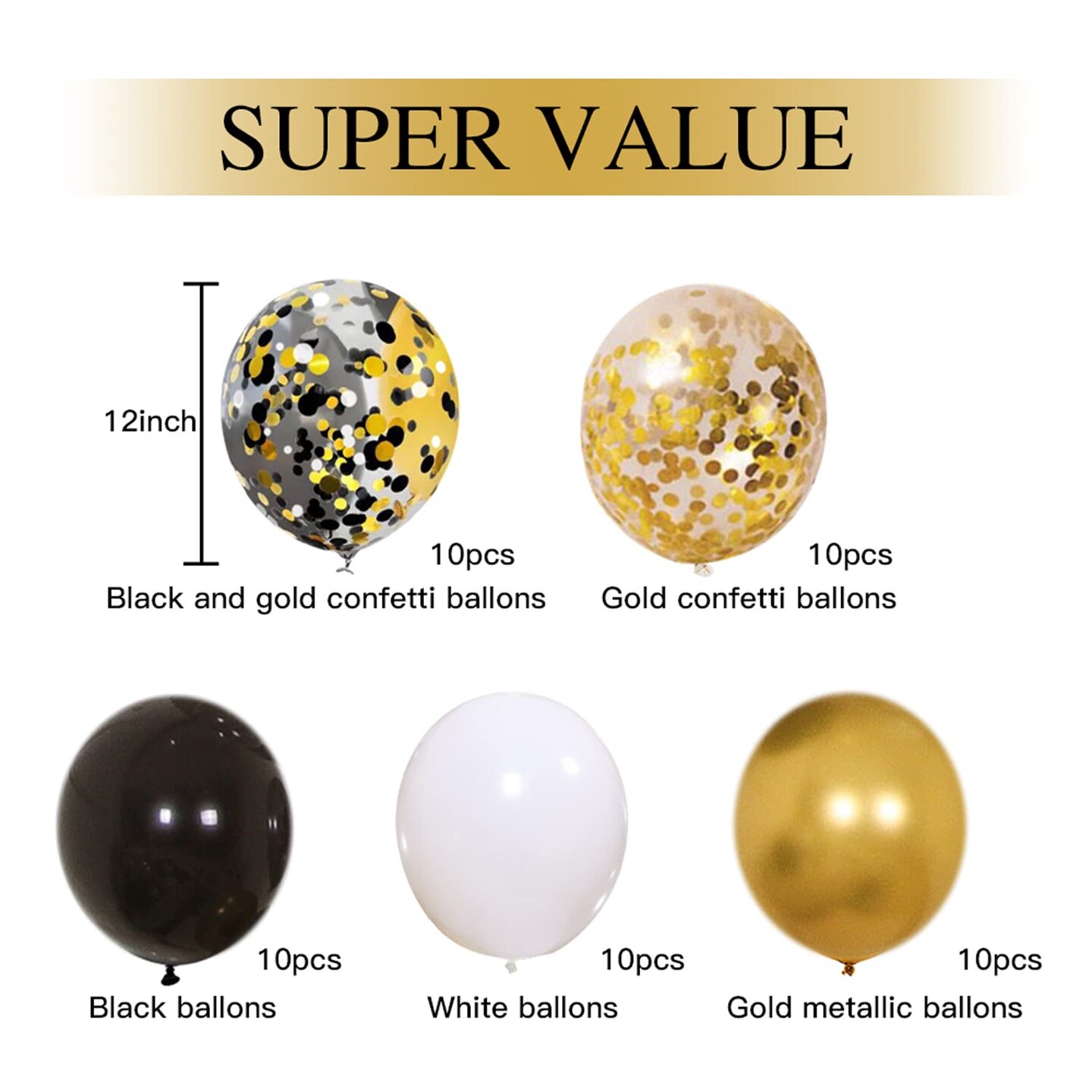 Zesliwy Black Gold Confetti Balloons 50 pack - 12 Inch Gold White and Black Confetti Balloons with Ribbons for Graduation Birthday Wedding Party Decorations&#x2026;