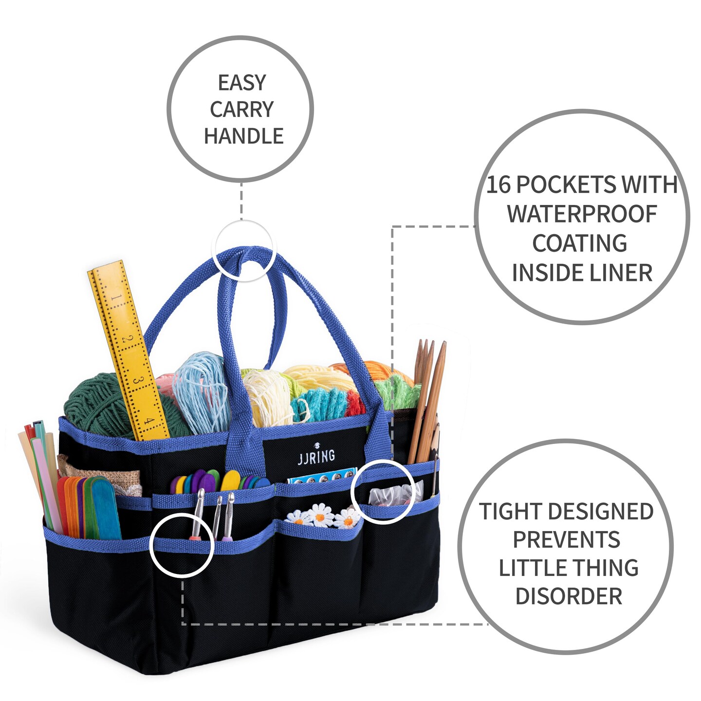 JJRING Craft and Art Organizer Tote Bag - 600D Blue Nylon Fabric Art Caddy with Pockets - for Art, Craft, Sewing, Medical, and Office Supplies Storage