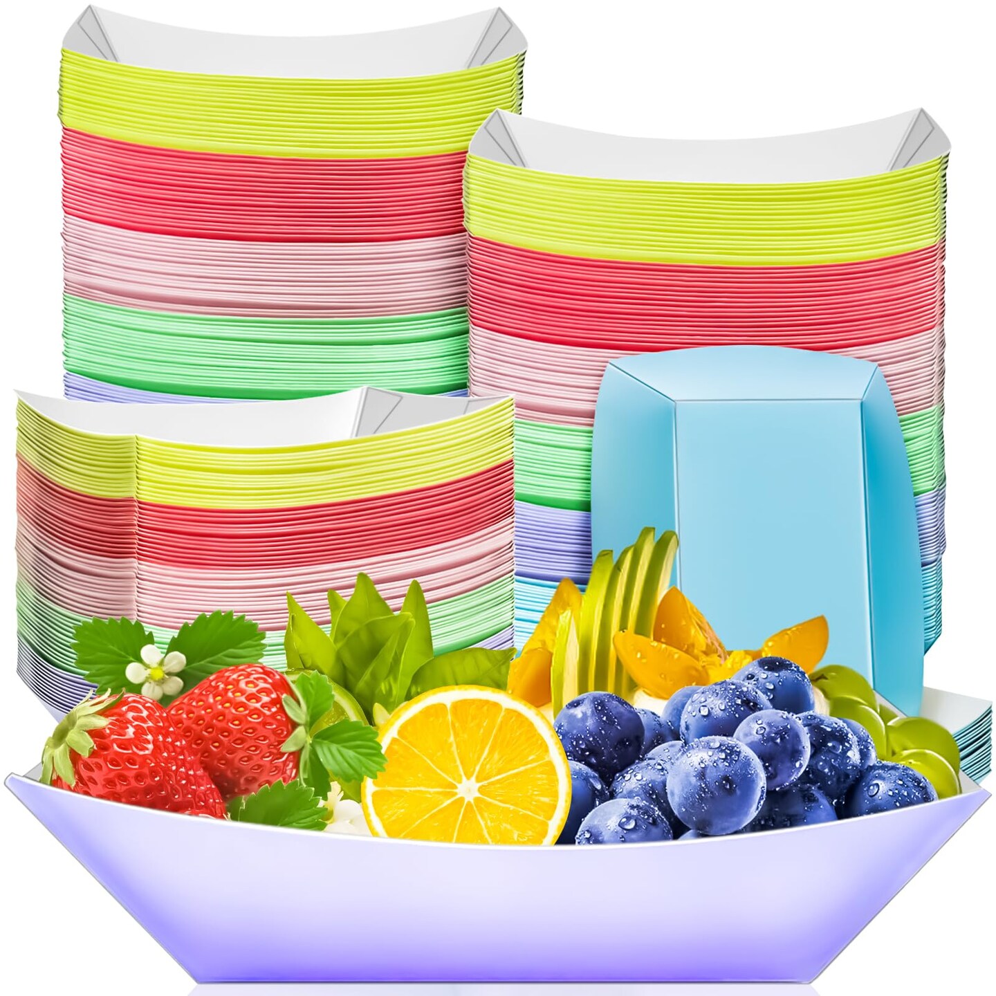 MotBach 100 Pack 3 LB Colorful Paper Food Boat Trays Disposable Paper Boats, Food Boats Colored Paper Food Serving Boat Tray Basket for Snack Burger BBQ Popcorn Taco Fries Carnival Festival Nacho