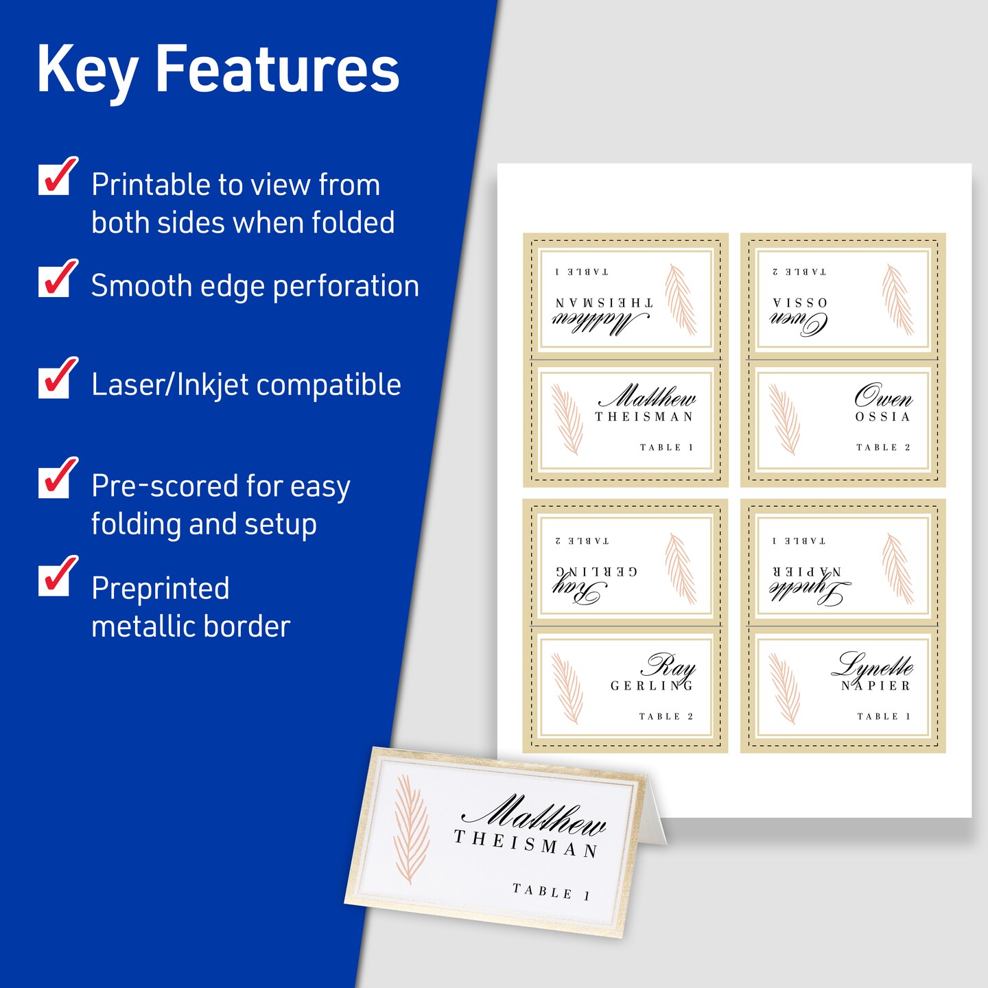 Avery Printable Tent Cards, 2" x 3.5", White with Metallic Gold Borders 80 Blank Place Cards for Laser or Inkjet Printers (3328)