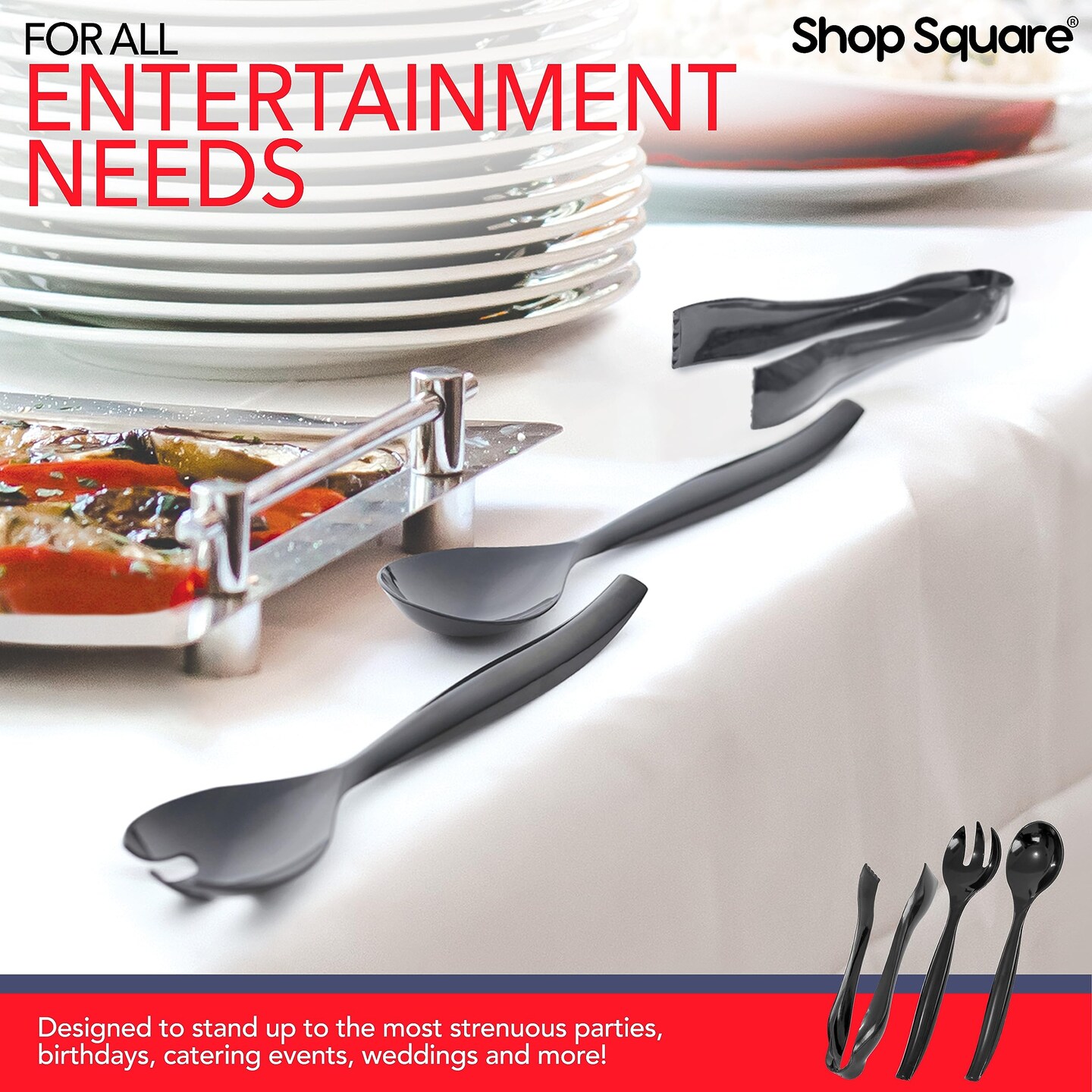 Disposable Plastic Serving Utensils - Set of 18 Black Plastic Utensils, 6 Each 6&#x22; Serving Tongs, 10&#x201D; Serving Spoons, 10&#x201D; Serving Forks, Buffet Serving Utensils, Party Utensils