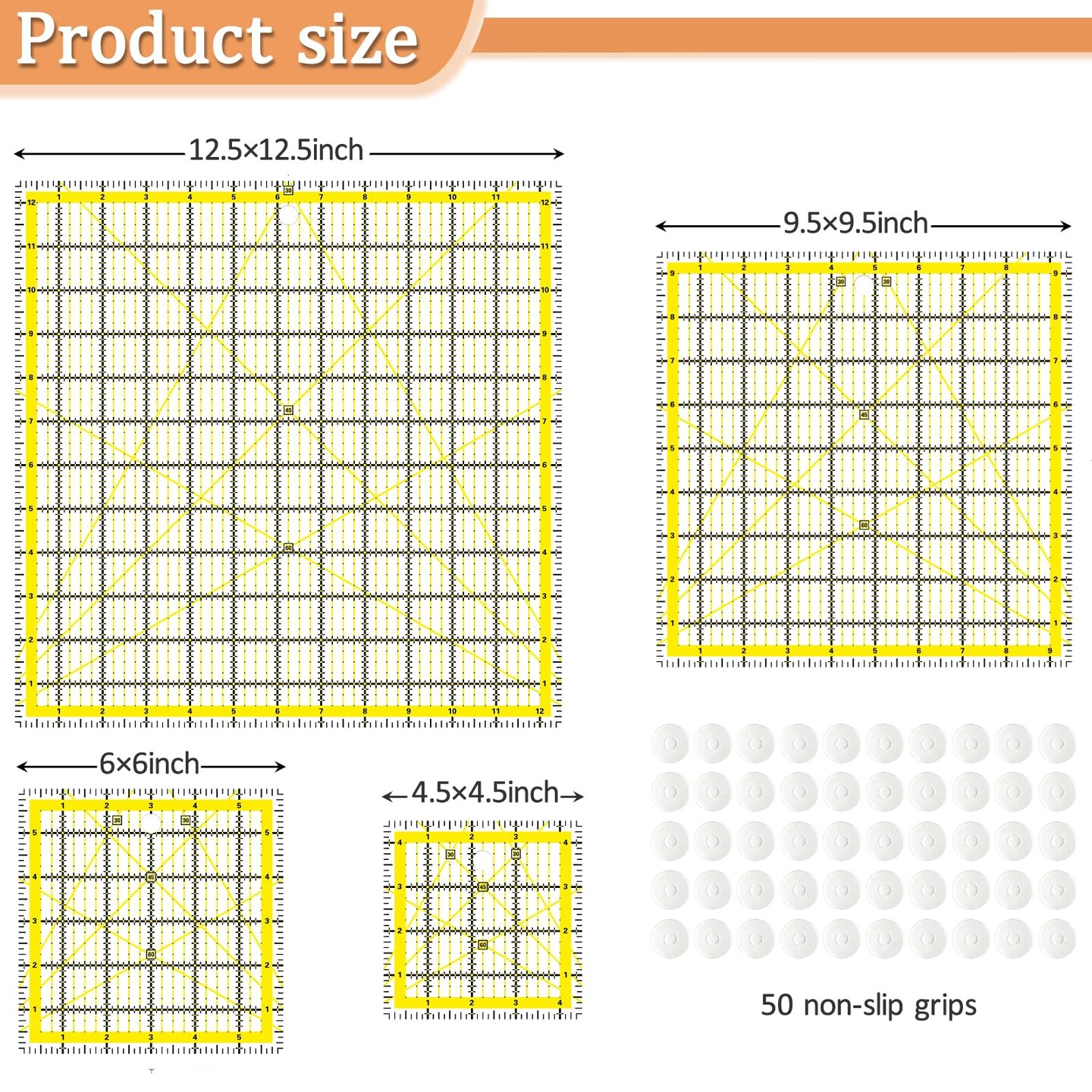 VPVPV 4 Piece Quilting Ruler,Acrylic Square Ruler,Quilting Templates,with Non Slip Rings 50 Pieces&#xFF08;4.5&#x201C;X4.5&#x201D;&#x3001;6&#x201C;X6&#x201D;&#x3001;9.5&#x201C;X9.5&#x201D;&#x3001;12.5&#x201C;X12.5&#x201D;&#xFF09;