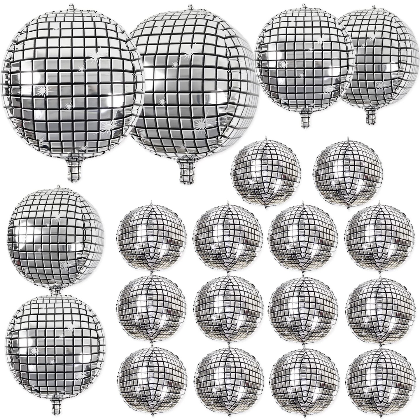 20Pcs Disco Ball Balloons Different Sizes- 4D Large Disco Balloons 32&#x201D; 22&#x201D; 10 Inch Assorted Round Metallic Silver Disco Mylar Balloons for 70s 80s Disco Themed Birthday New Year&#x27;s Party Decor Supplies