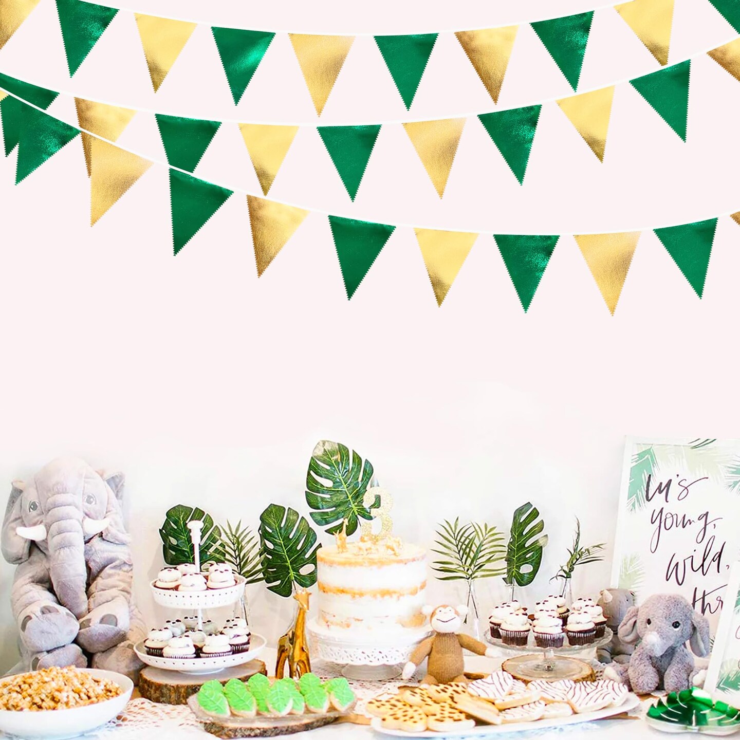 Green Gold Party Decorations Metallic Fabric Triangle Pennant Banner Flag Bunting Garland for Graduations Birthday Retirement Wedding Baby Shower Spring Summer Master Golf Theme Outdoor Party Supplies