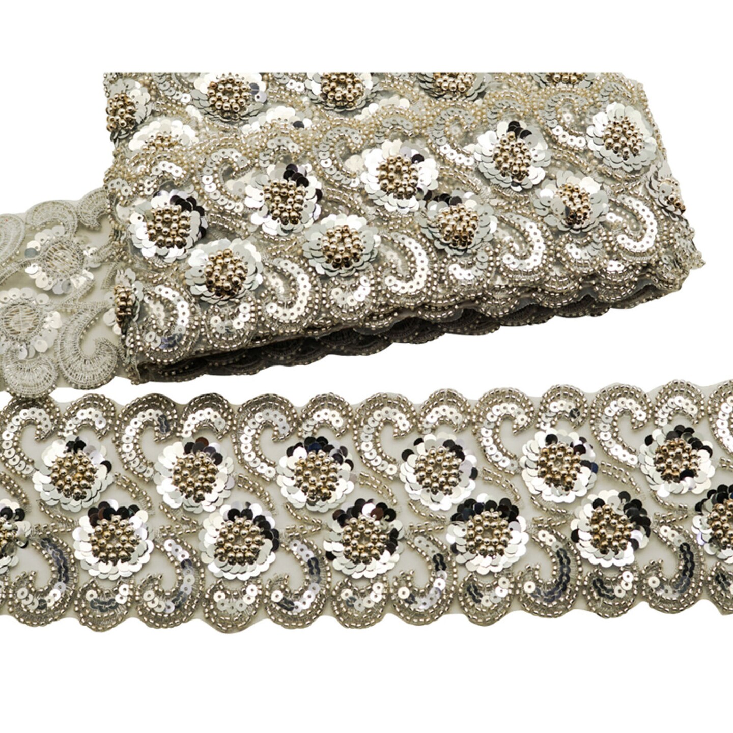 4&#x22;x 5 yards Silver Beaded Sequin Trim