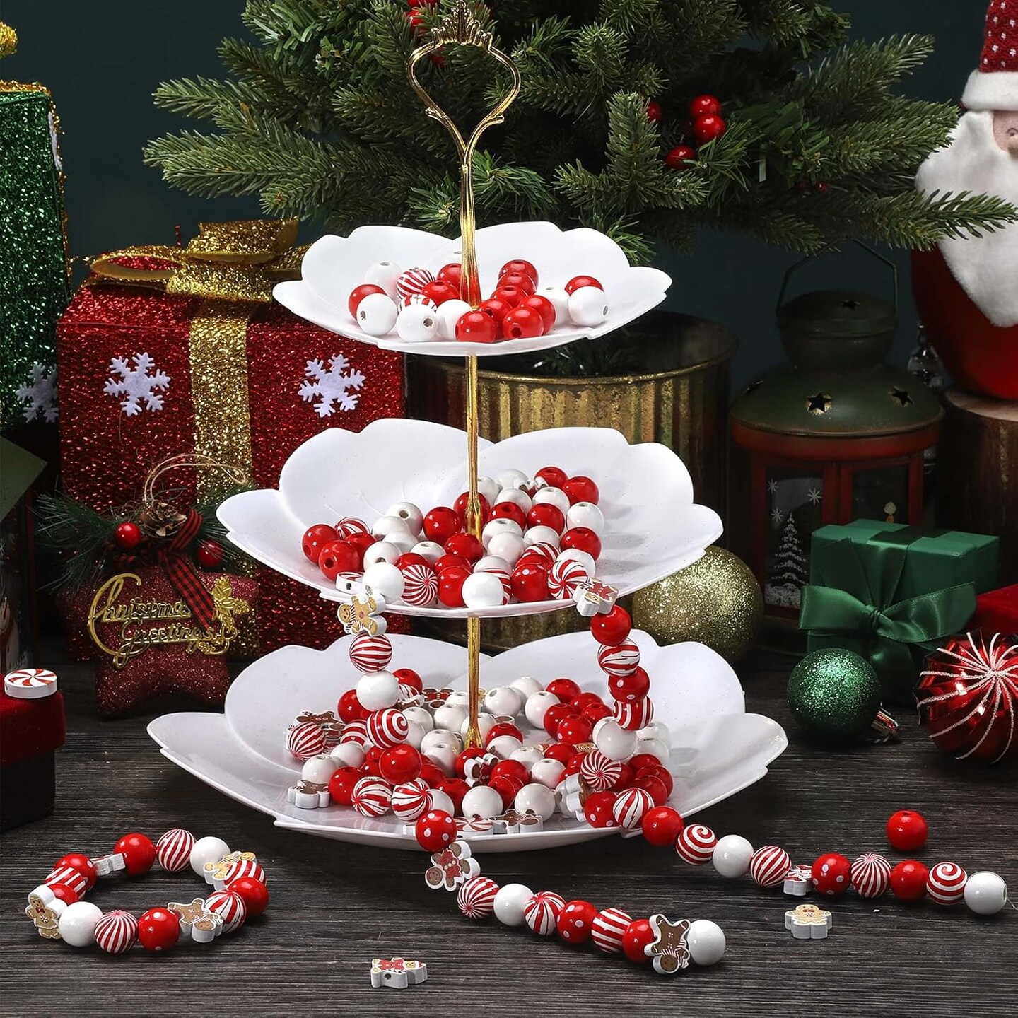 200 Pcs Christmas Beads for Crafts Christmas Beads for Jewelry Making Red and White Beads Wooden Beads Xmas Gingerbread Candy Beads for Craft Holiday DIY Garland Party Tree Hanging Home
