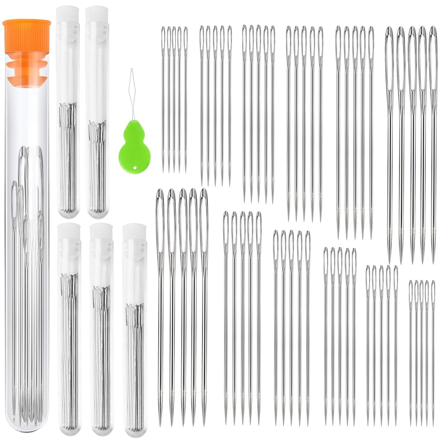 LET&#x2019;S Beading Large Eye Sewing Needles 6 Sizes Leather Needles Embroidery Thread Needle Sharp Needles Yarn Embroidery Needle with Threader and Needle Bottle for Hand Embroidery DIY Crafting (60Pcs)