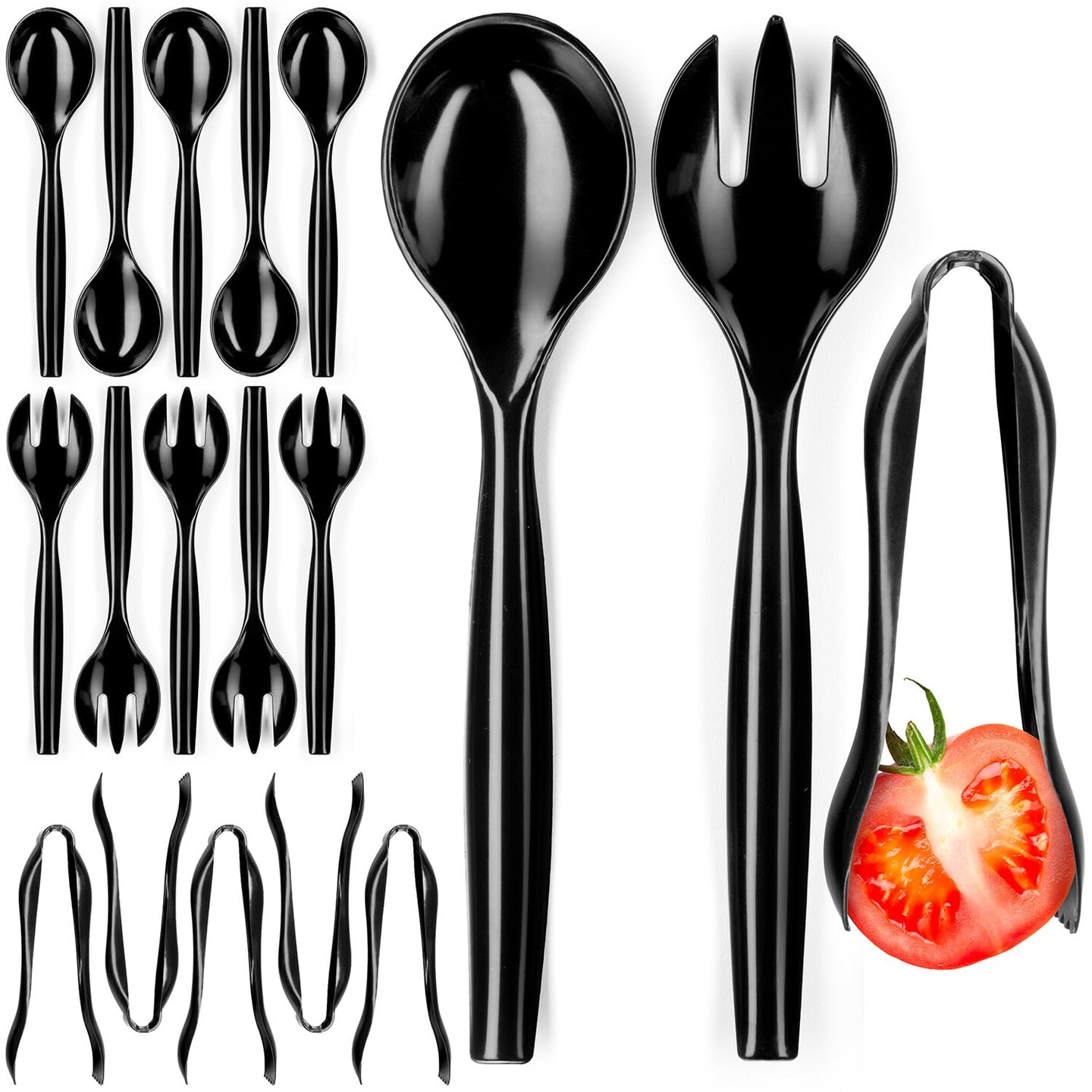 Disposable Plastic Serving Utensils - Set of 18 Black Plastic Utensils, 6 Each 6&#x22; Serving Tongs, 10&#x201D; Serving Spoons, 10&#x201D; Serving Forks, Buffet Serving Utensils, Party Utensils