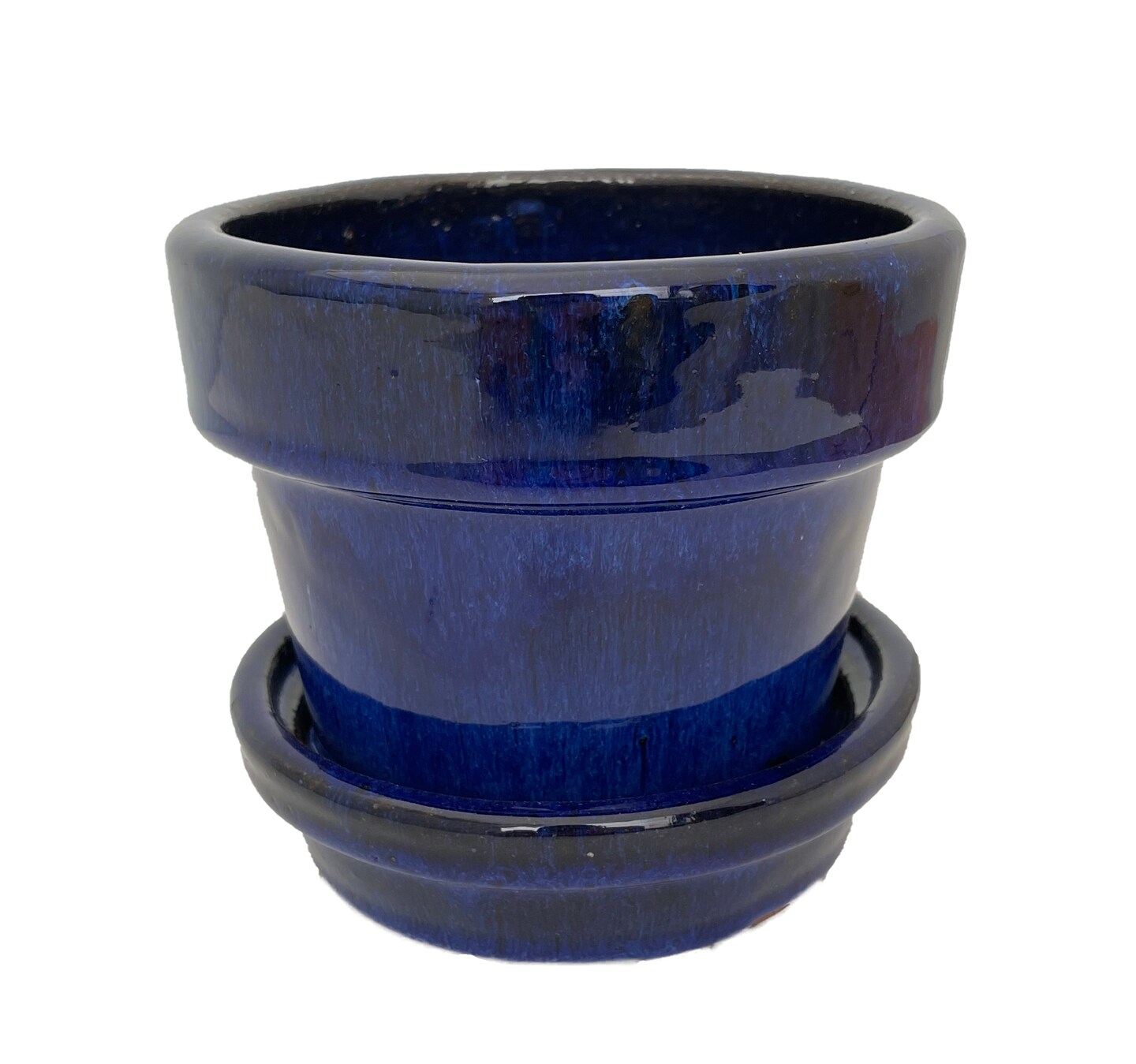 Glazed Ceramic Pot/Saucer - Blue - 4 3/8&#x22; x 4&#x22; - #11933
