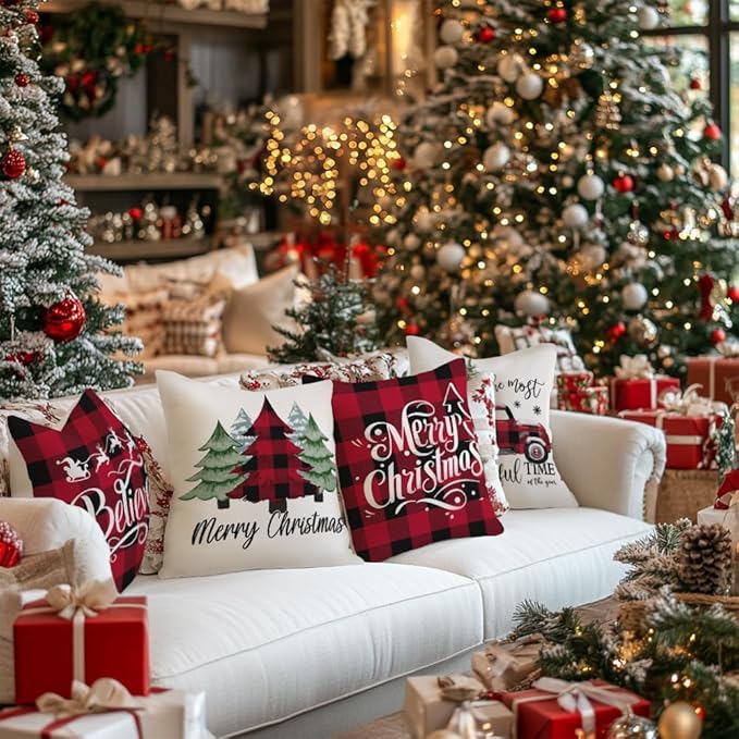 Merry Christmas Throw Pillow Covers 18x18 Inch Set of 4, Xmas Trees Truck Buffalo Plaid Believe Farmhouse Decorative Cushion Cases for Home Decoration G421-18