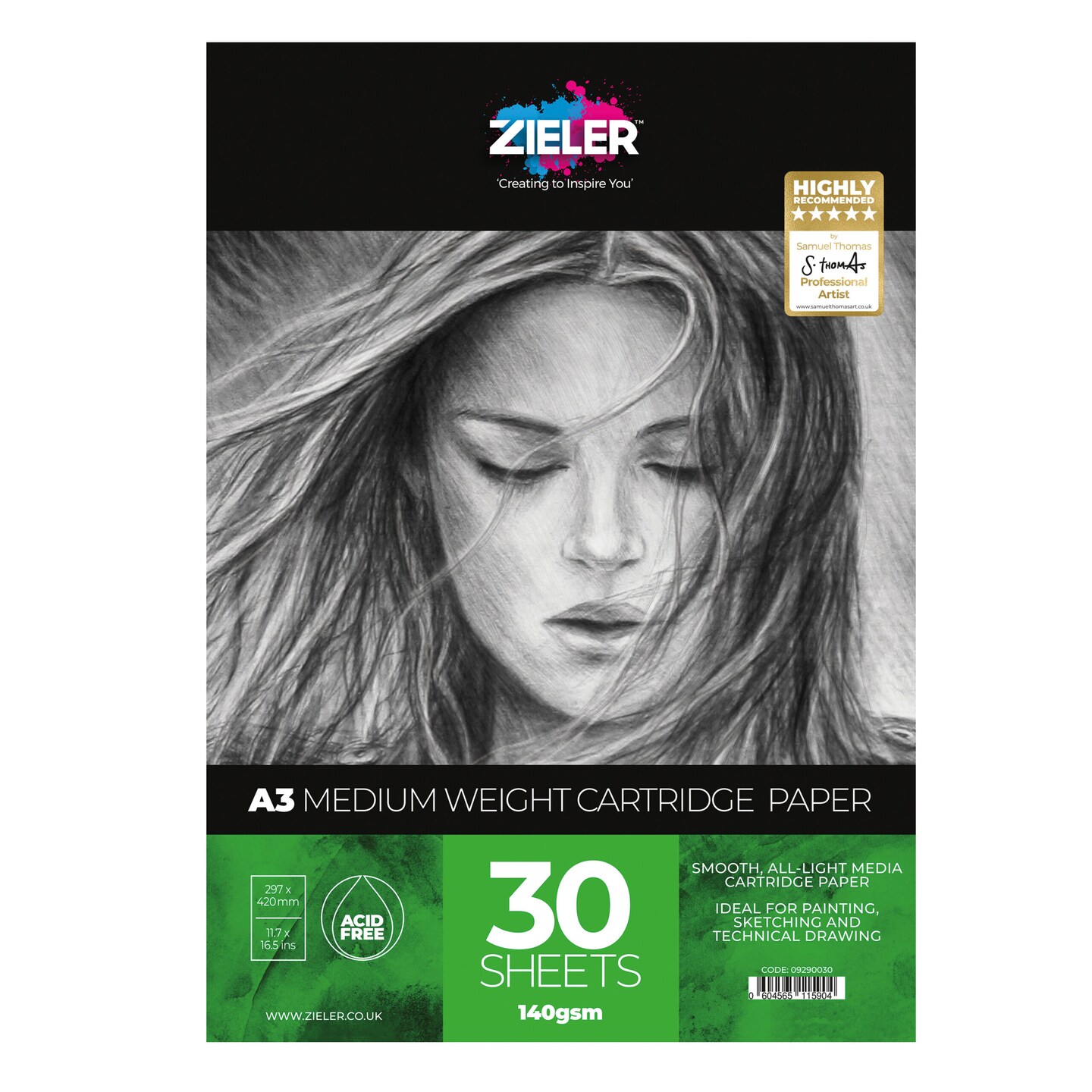 Zieler A3 Medium Weight Cartridge Paper Pad &#x2013; 140gsm, 30 sheets