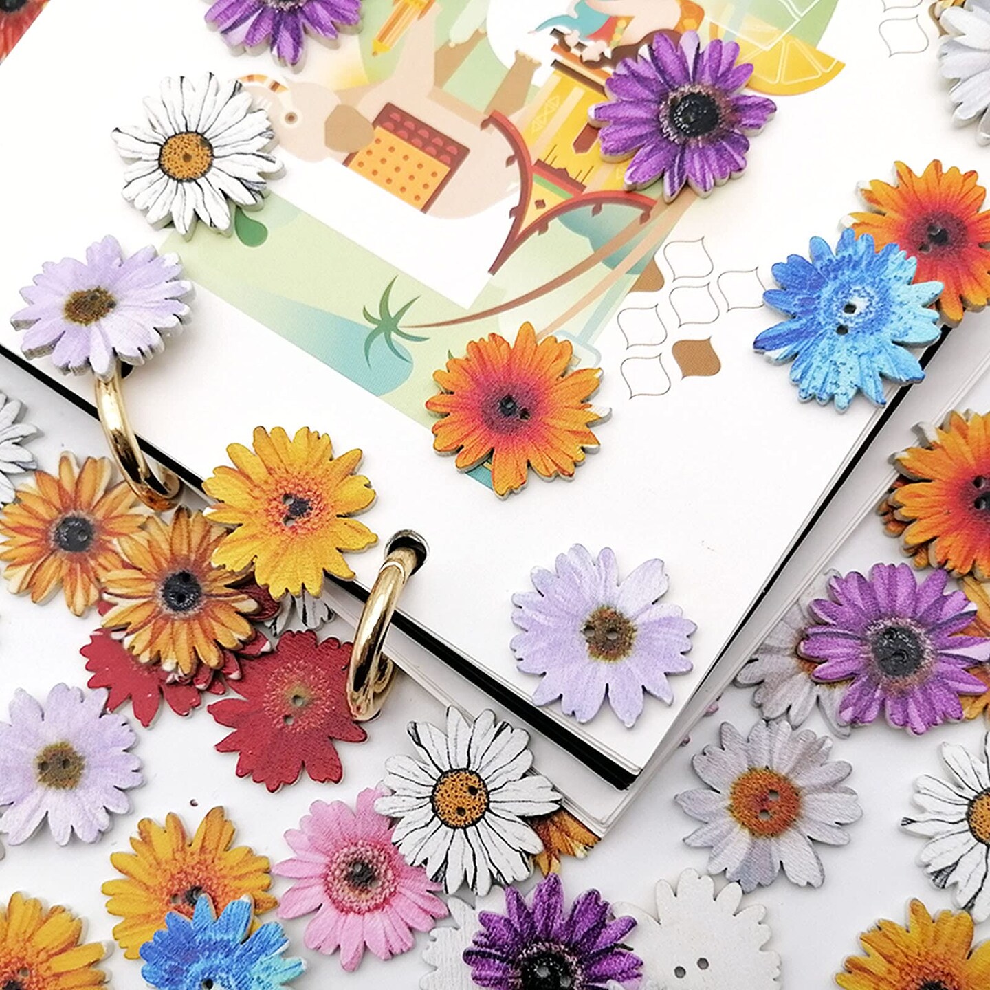 Alfykym 100Pcs Wood Daisy Buttons Painted Wooden Flower Buttons for Crafts Sunflower Wood Buttons 2 Holes Flatback Flower shaped Buttons