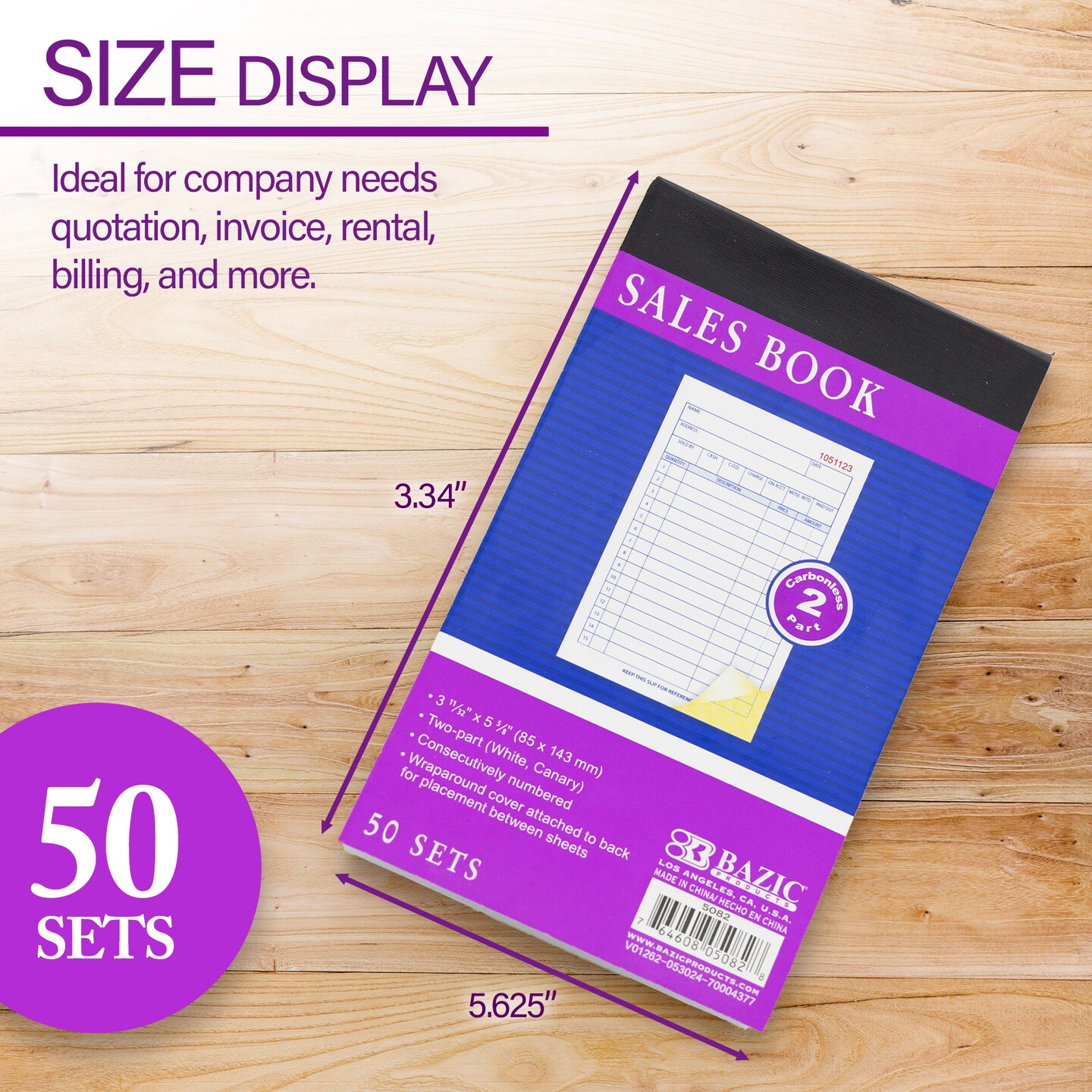 BAZIC General Purpose Sales Book 2-Part Carbonless 3 11/32&#x22; x 5 5/8&#x22; (50 Sets)