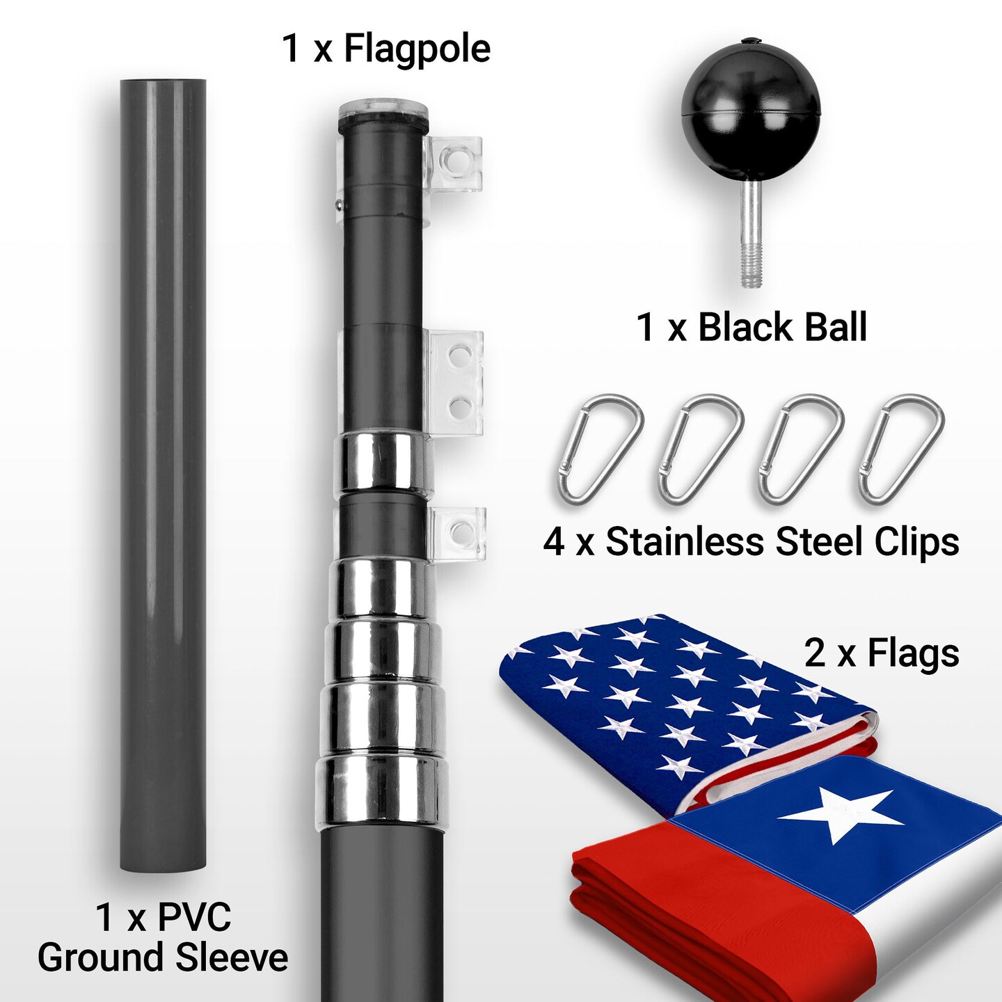 G128 Combo Pack: 25 Ft Telescoping Aluminum Flagpole (Black) &#x26; American and Chile Flags 3x5 Ft, Both ToughWeave Series Embroidered Polyester | Pole with Flags Included