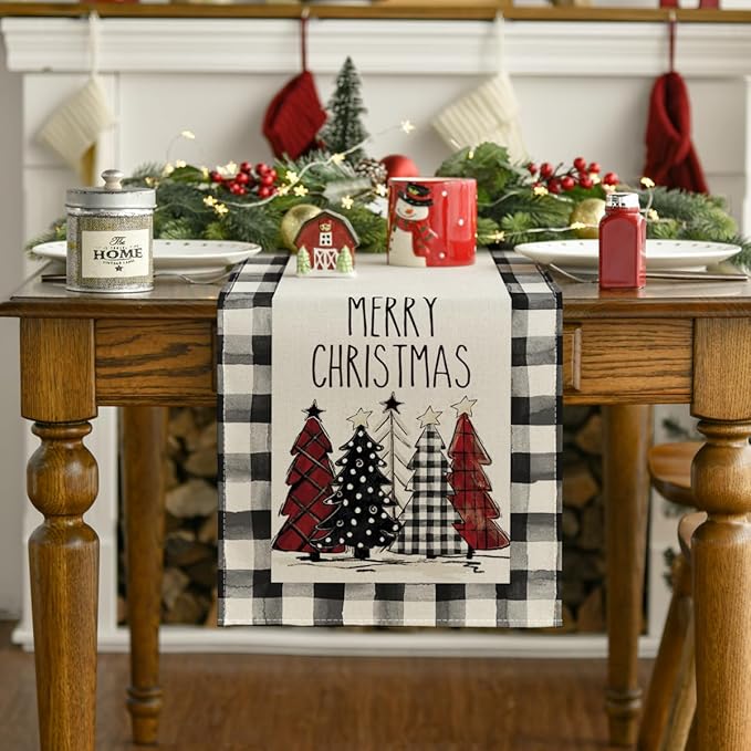 Mode Waterclor Buffalo Plaid Christmas Trees Merry Xmas Table Runner, Seasonal Winter Holiday Kitchen Dining Table Decoration for Indoor Outdoor Home Party Decor 13 x 72 Inch