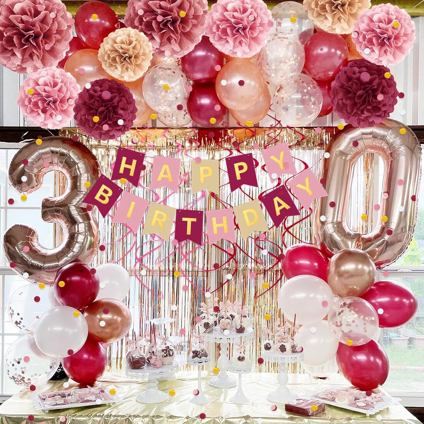Pink Burgundy Birthday Decorations Kit with Balloons, Tissue Paper Pom Poms, Happy Birthday Banner, Paper Confetti & Hanging Swirl Birthday Party Decoration